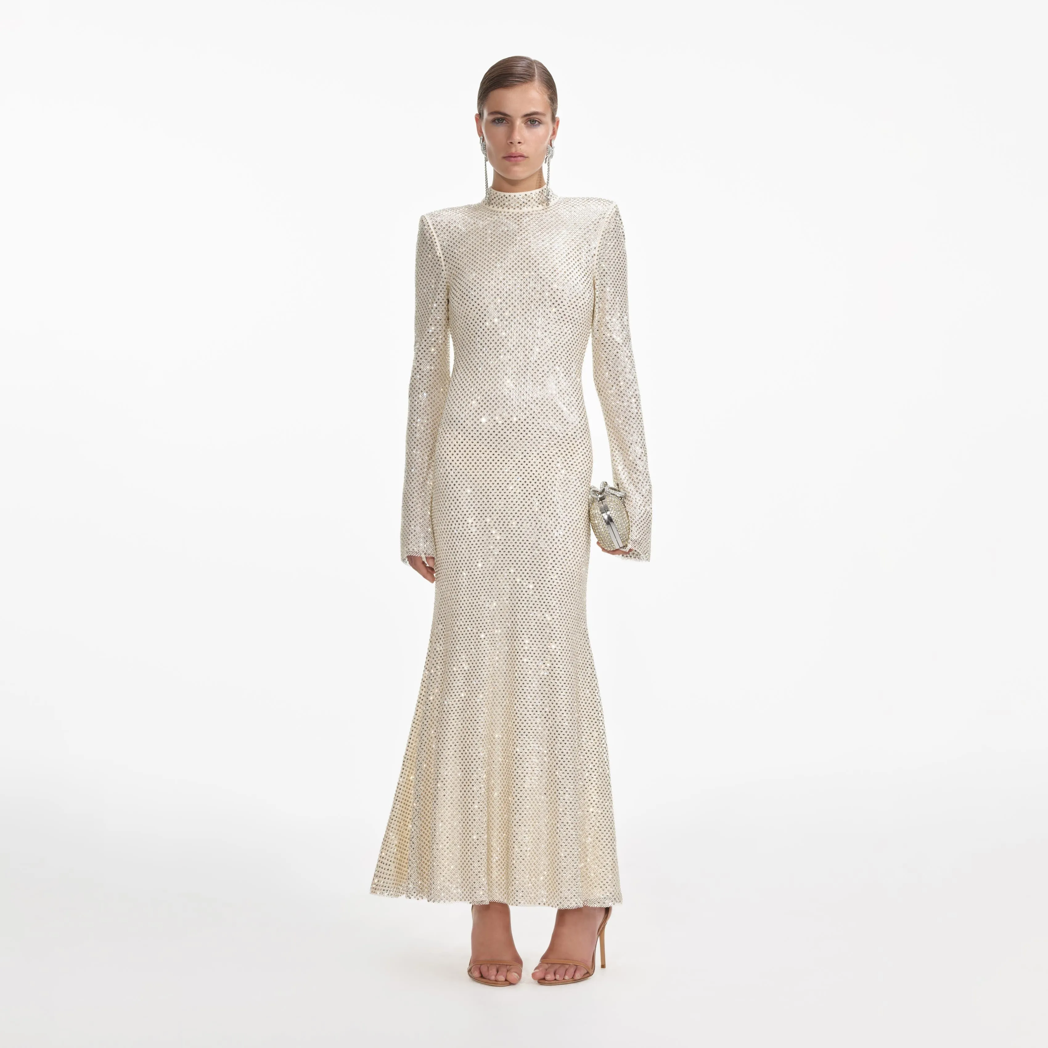 Cream Square Rhinestone Fishnet Midi Dress sold by Self-Portrait