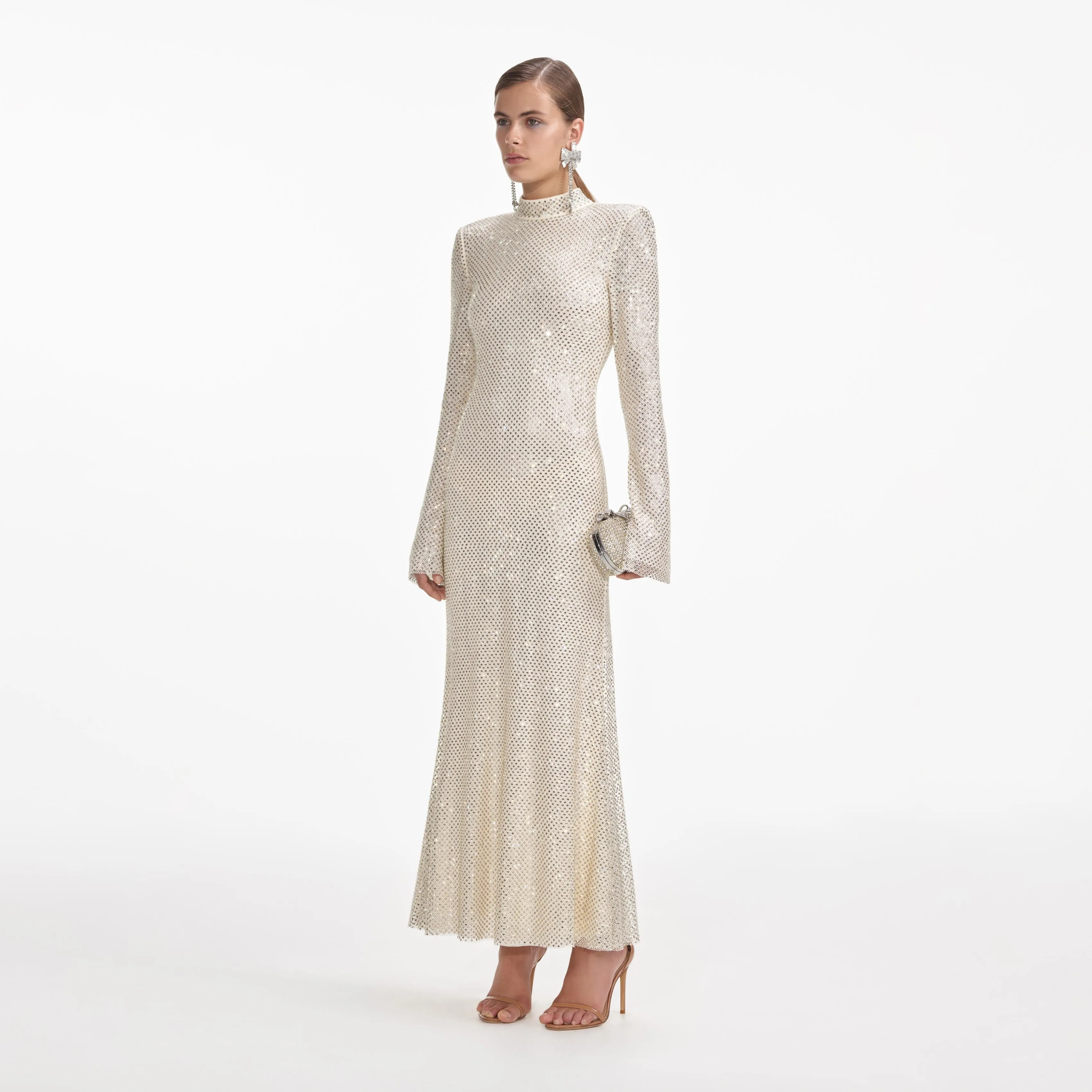 Cream Square Rhinestone Fishnet Midi Dress sold by Self-Portrait product image thumbnail 2