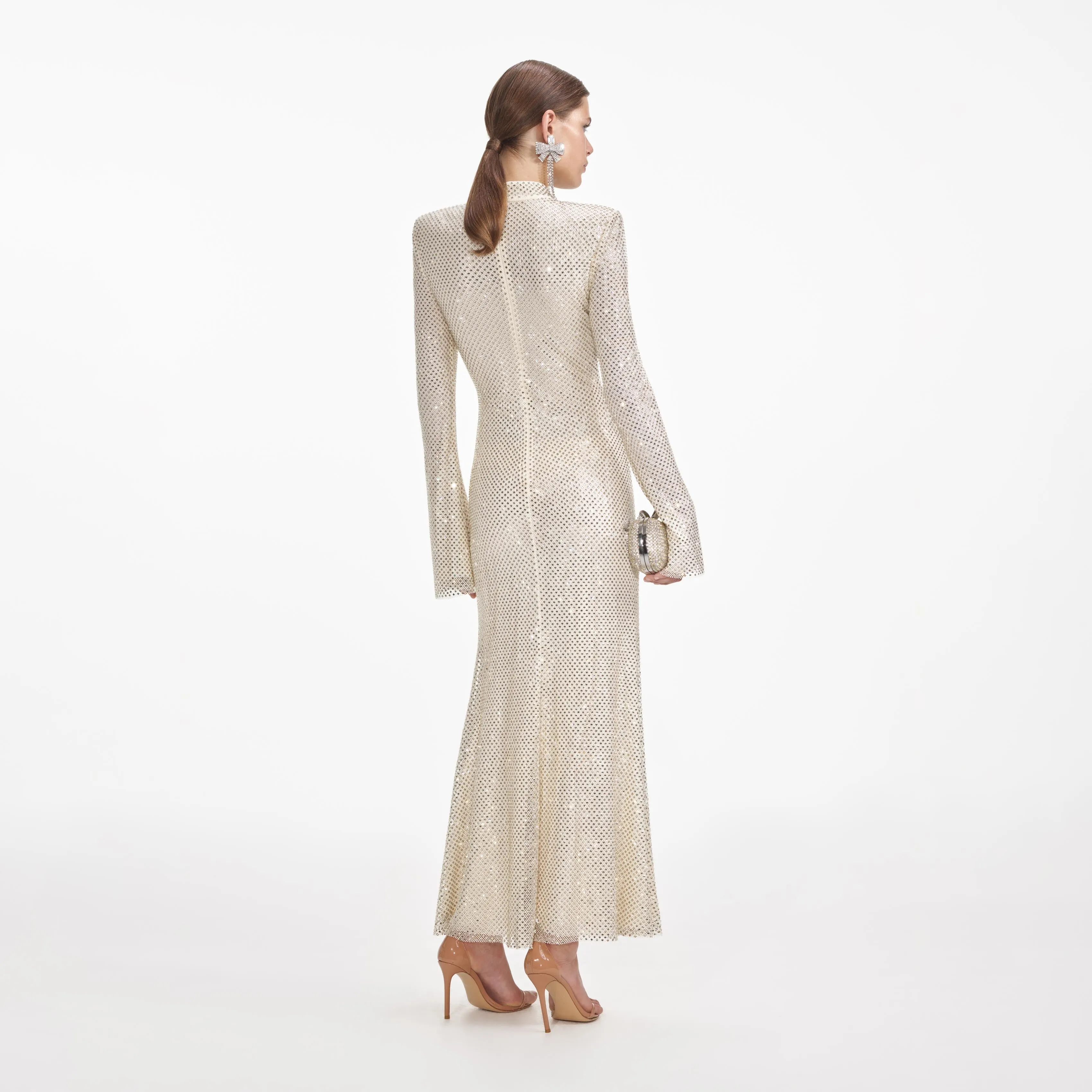 Cream Square Rhinestone Fishnet Midi Dress sold by Self-Portrait product image thumbnail 3