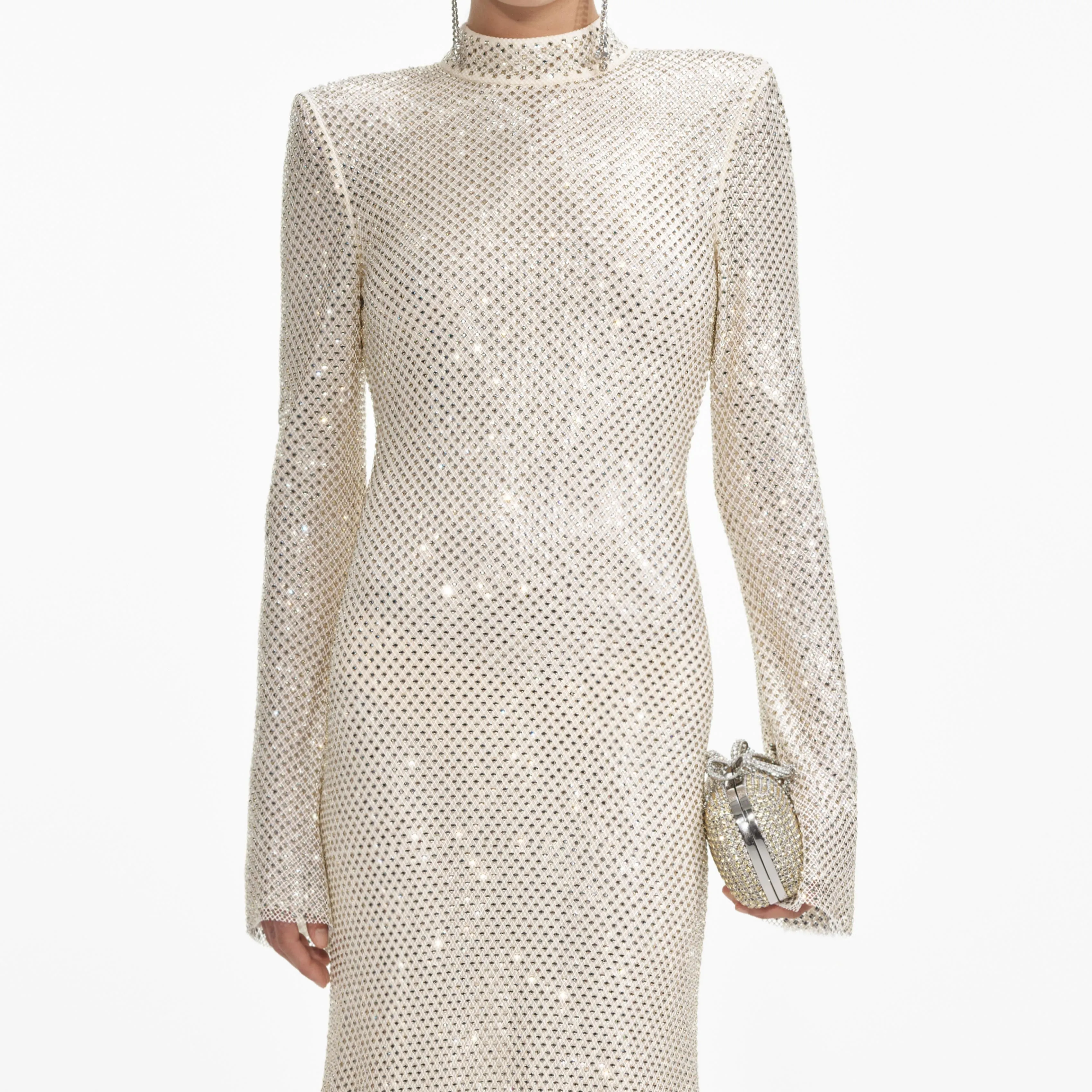 Cream Square Rhinestone Fishnet Midi Dress sold by Self-Portrait product image thumbnail 4
