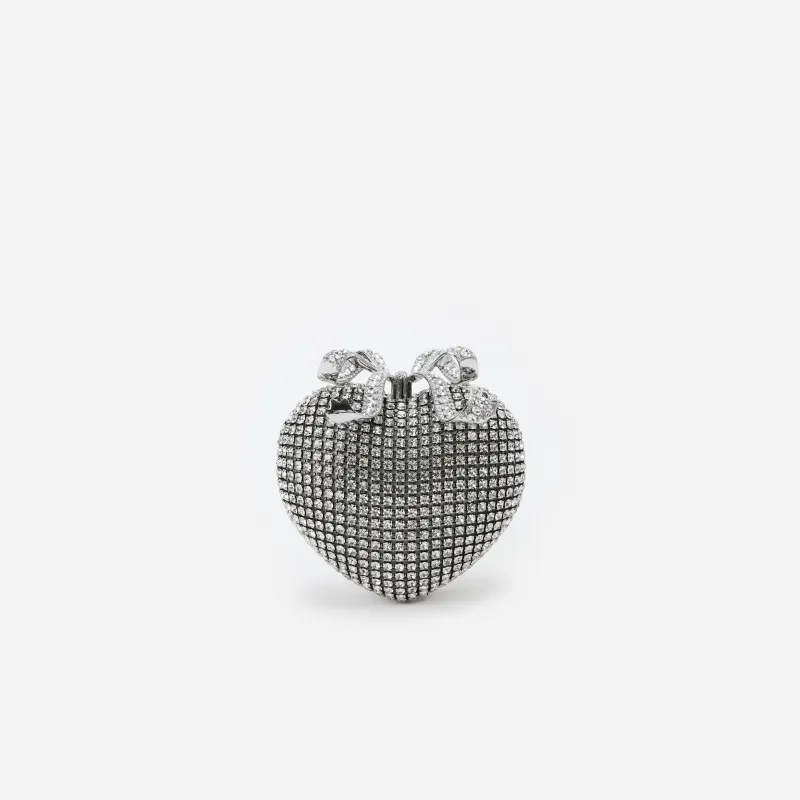 Silver Crystal Heart Clutch made by Self-Portrait
