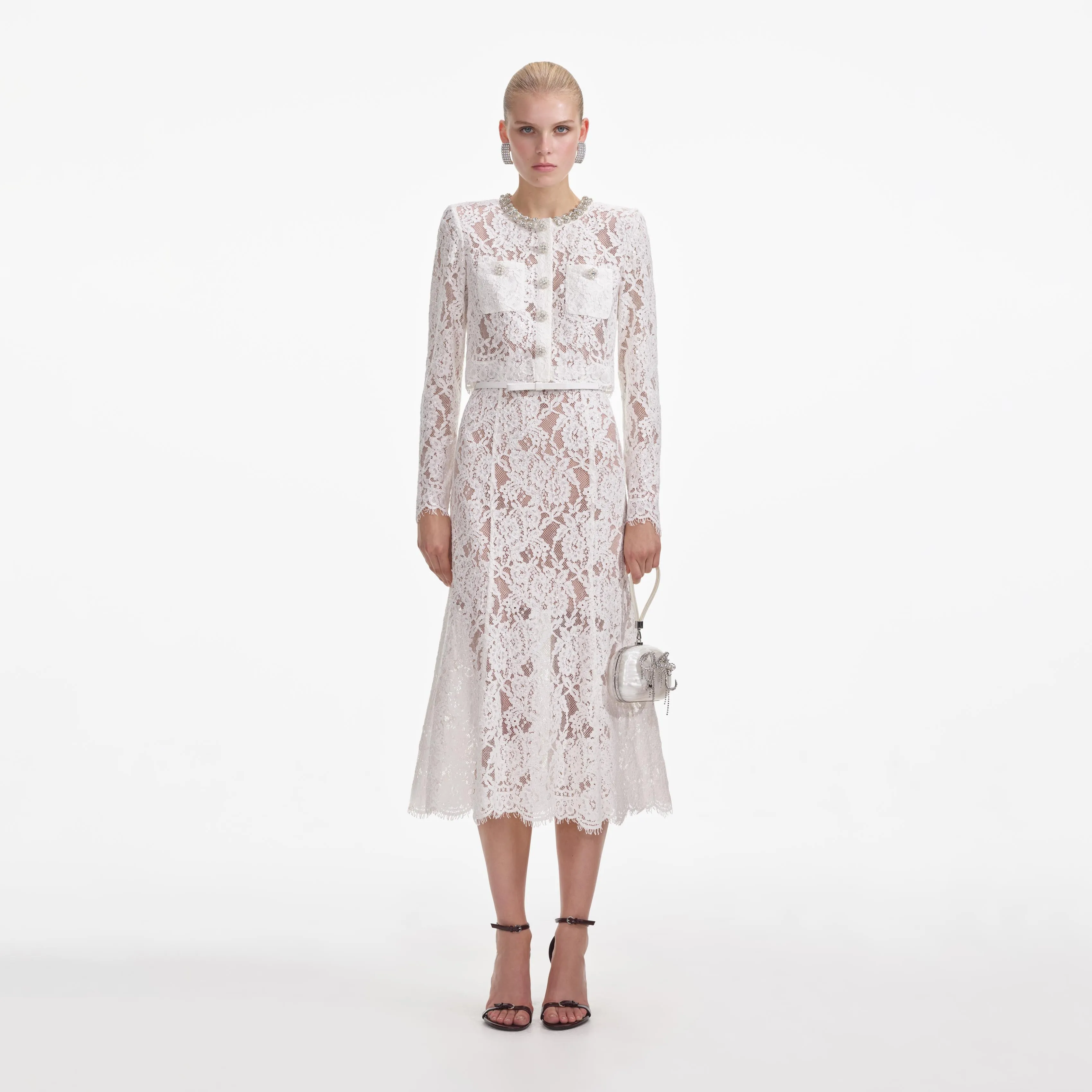 White Lace Embellished Midi Dress sold by Self-Portrait