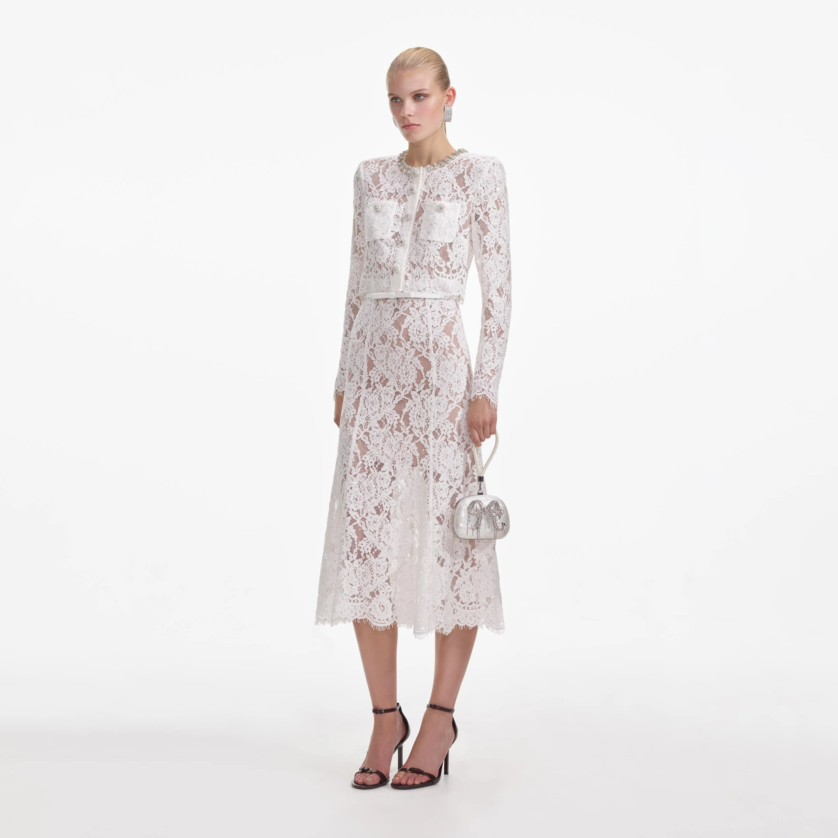 White Lace Embellished Midi Dress sold by Self-Portrait product image thumbnail 2