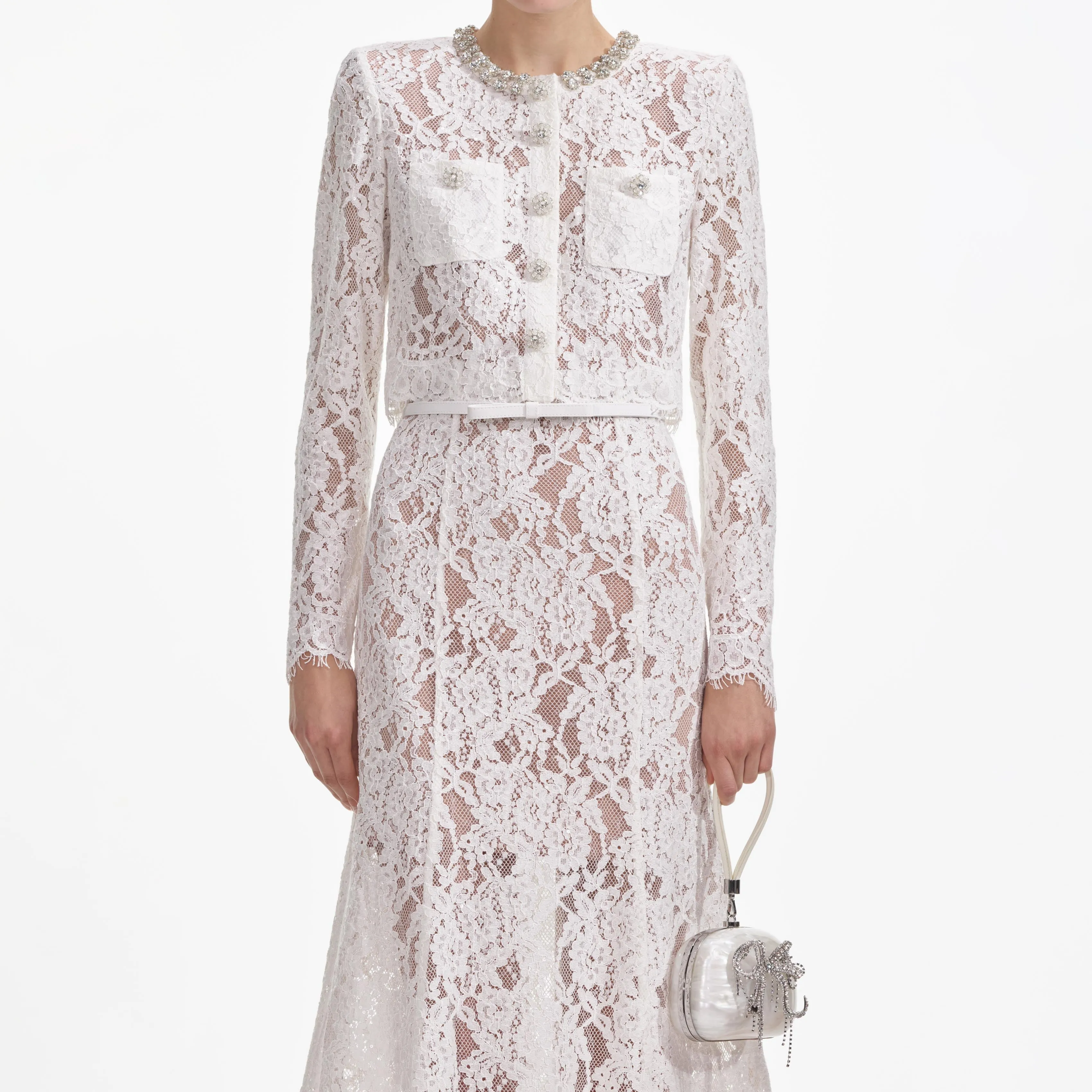 White Lace Embellished Midi Dress sold by Self-Portrait product image thumbnail 4