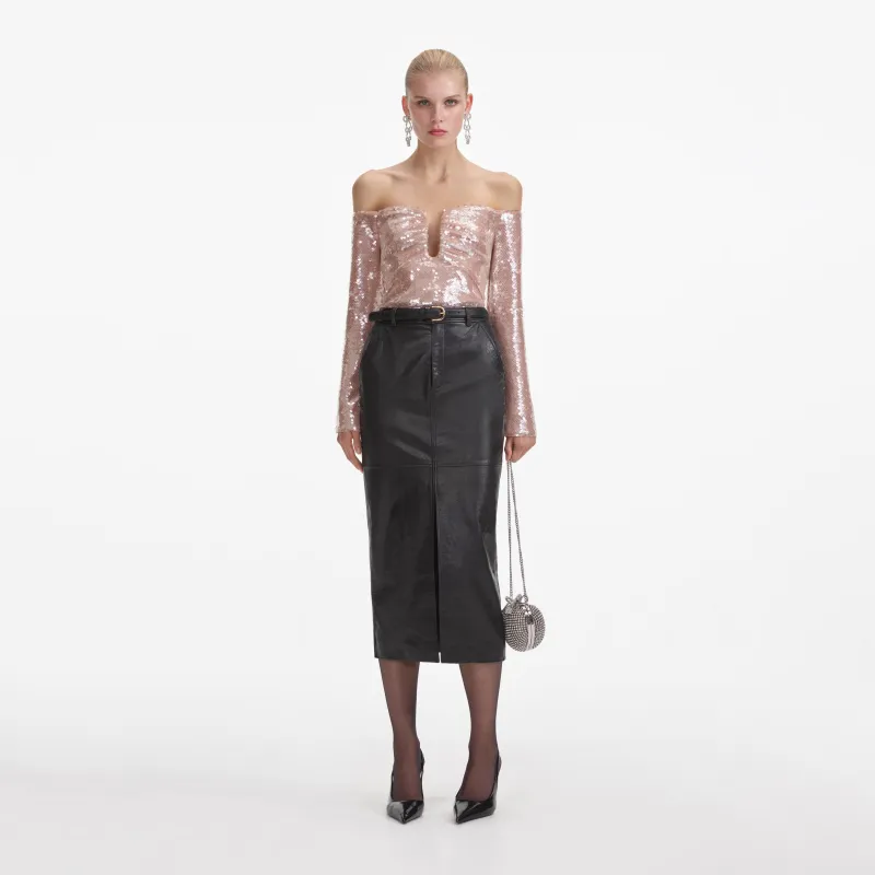 Black Leather Midi Skirt made by Self-Portrait