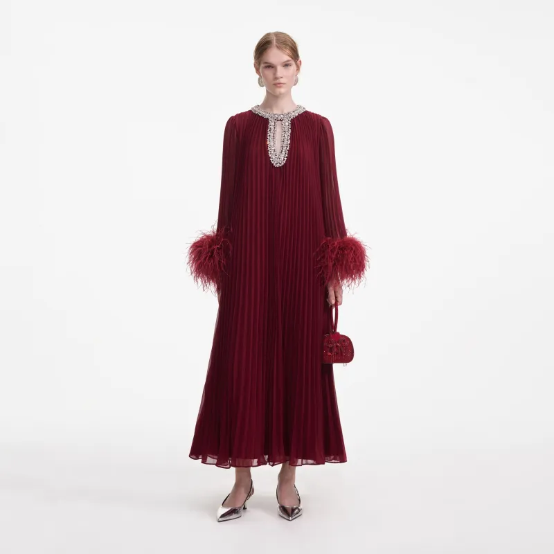 Burgundy Chiffon Feather Midi Dress made by Self-Portrait