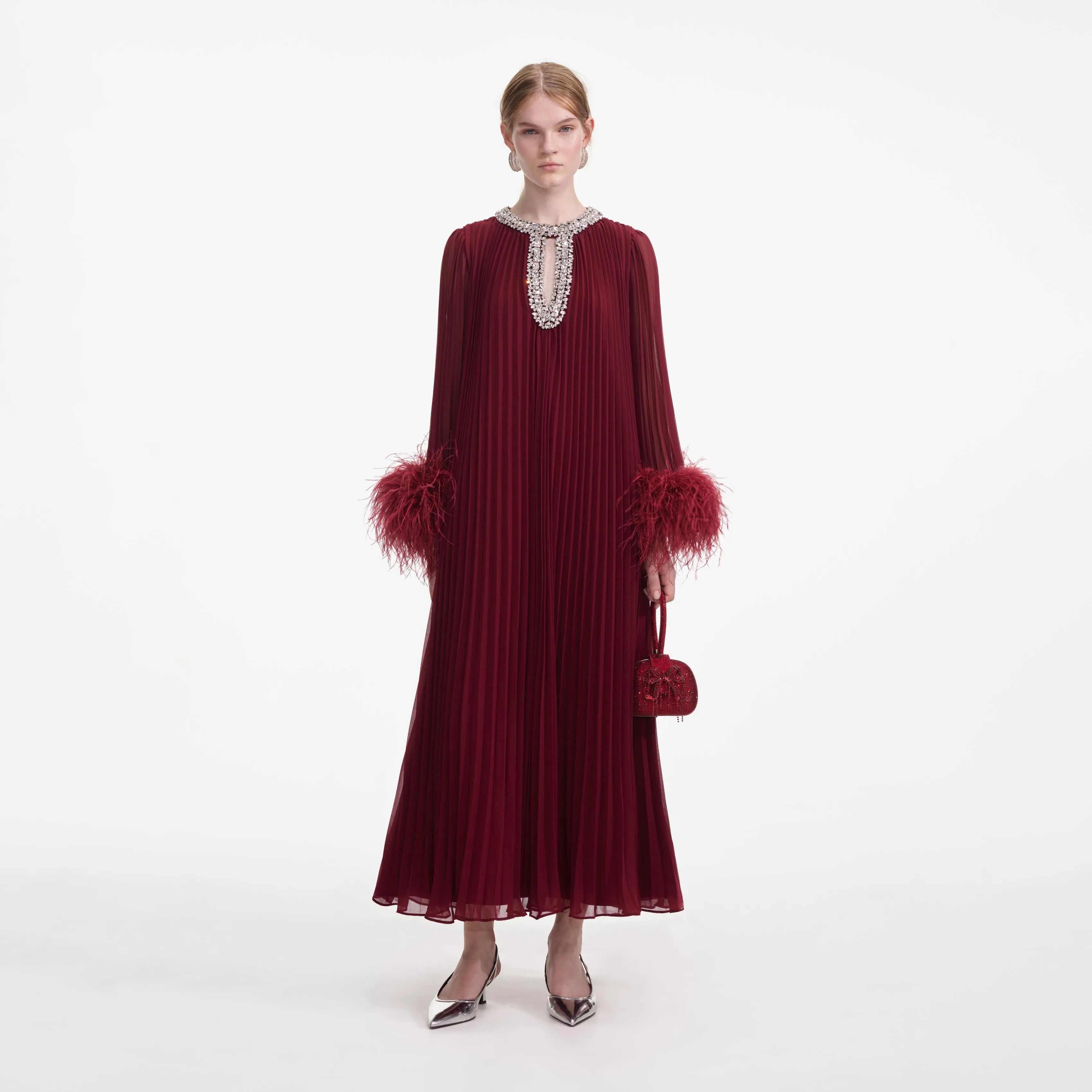 Burgundy Chiffon Feather Midi Dress sold by Self-Portrait