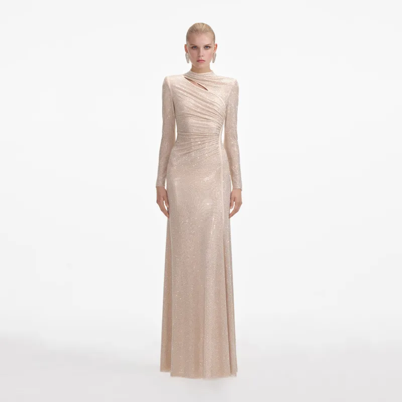 Gold Rhinestone Mesh Cut Out Maxi Dress made by Self-Portrait