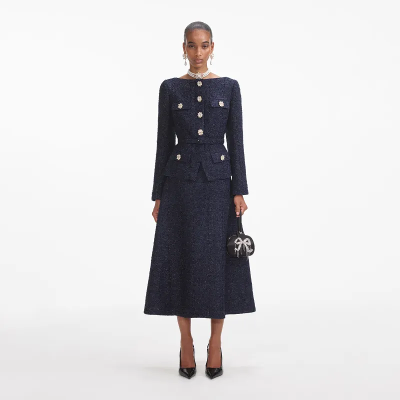 Navy Metallic Structured Boucle Midi Dress made by Self-Portrait