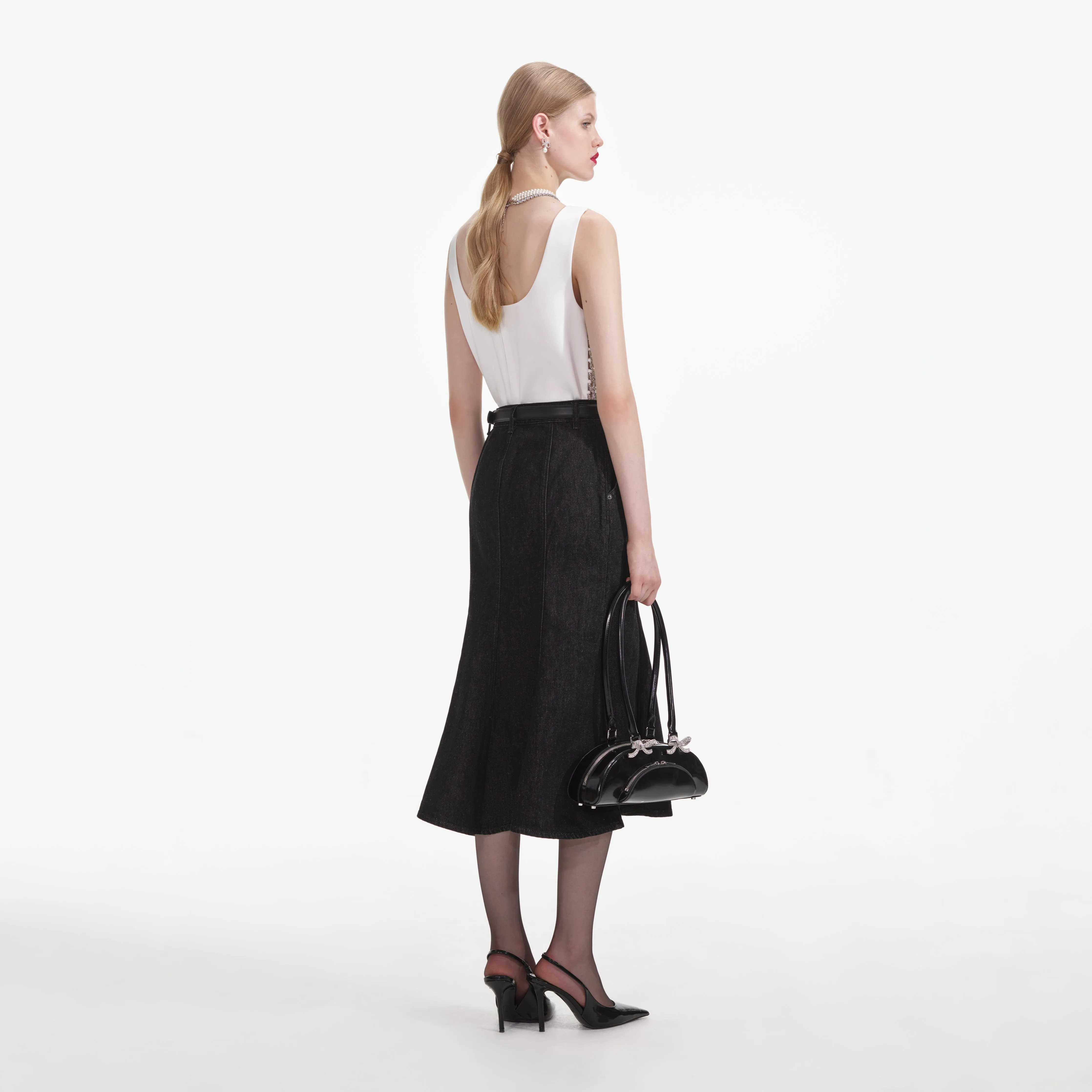 Black Flared Denim Midi Skirt sold by Self-Portrait product image thumbnail 3