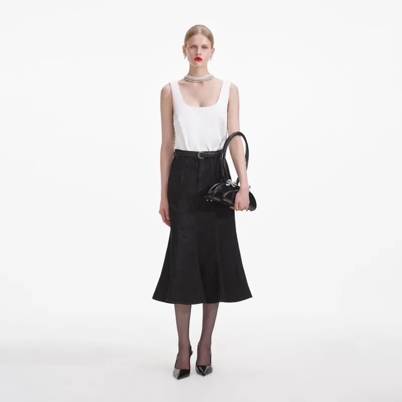 Black Flared Denim Midi Skirt made by Self-Portrait