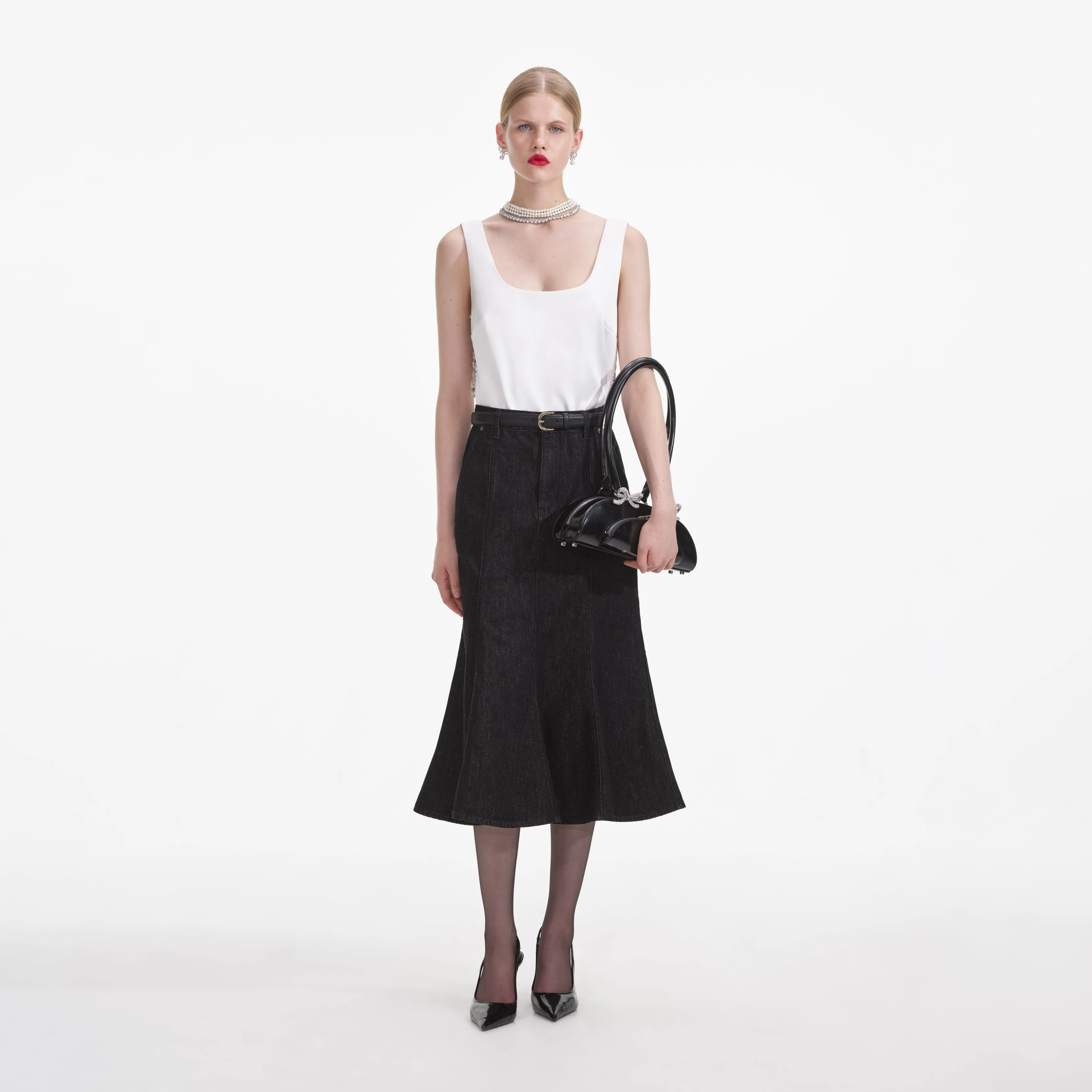 Black Flared Denim Midi Skirt sold by Self-Portrait