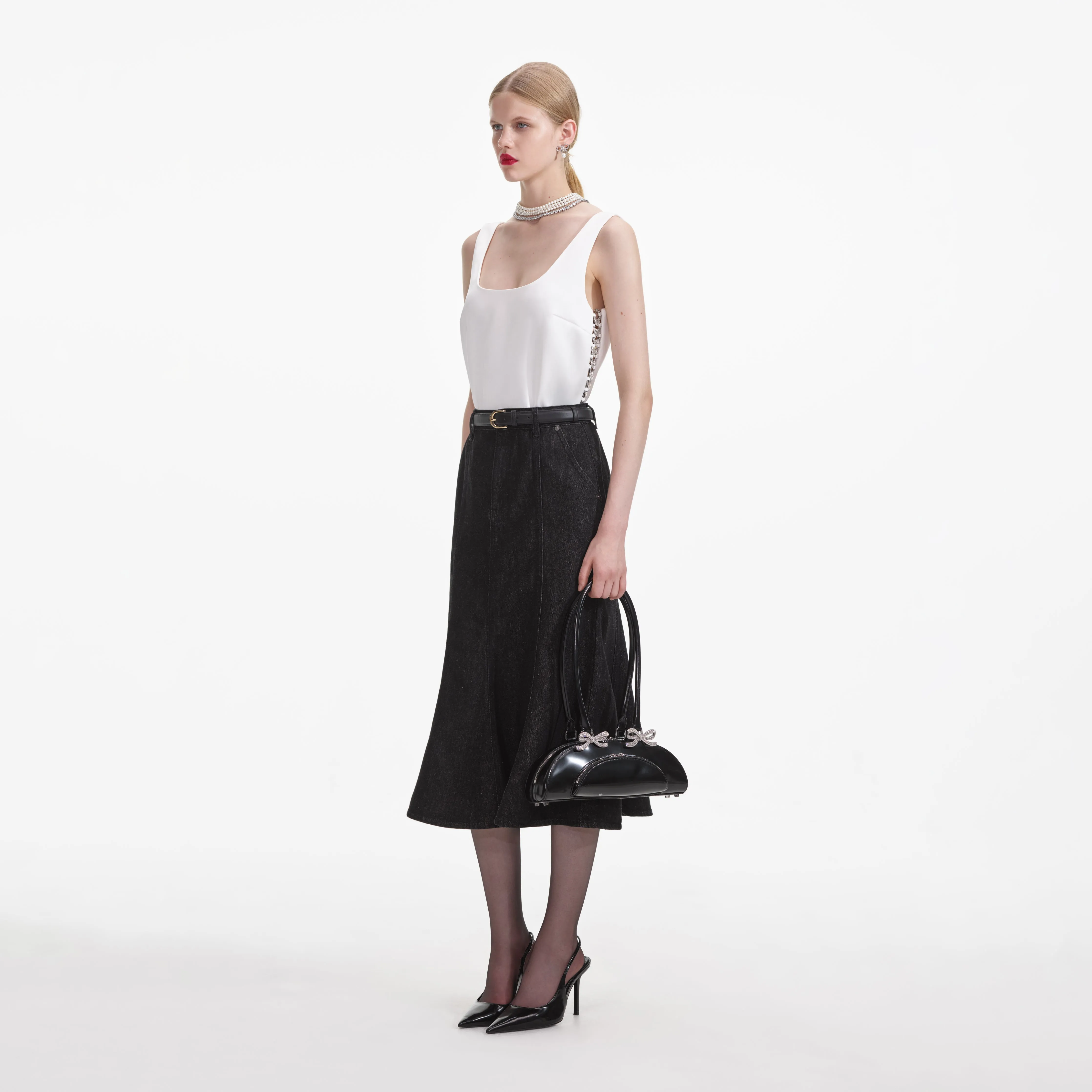 Black Flared Denim Midi Skirt sold by Self-Portrait product image thumbnail 2