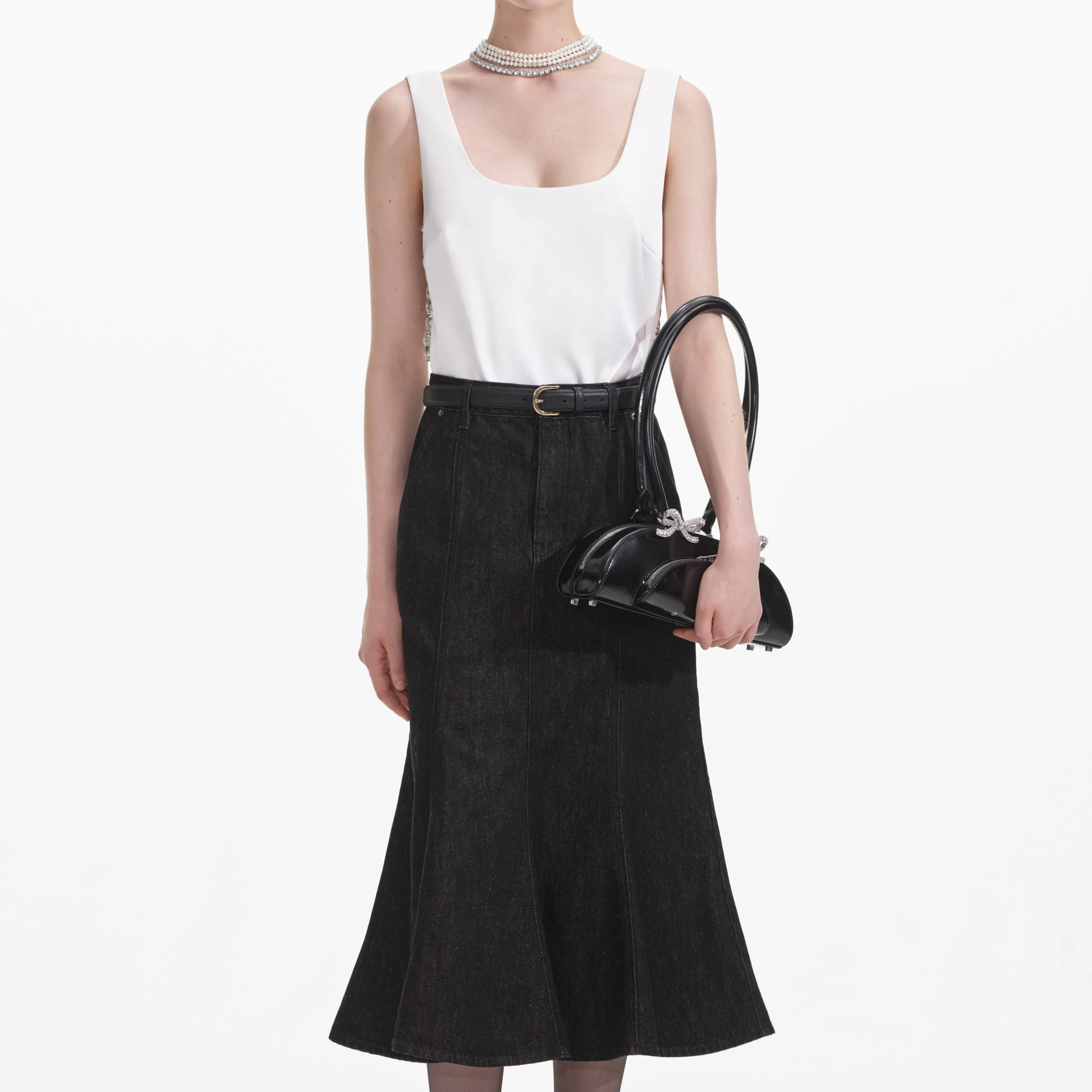 Black Flared Denim Midi Skirt sold by Self-Portrait product image thumbnail 4