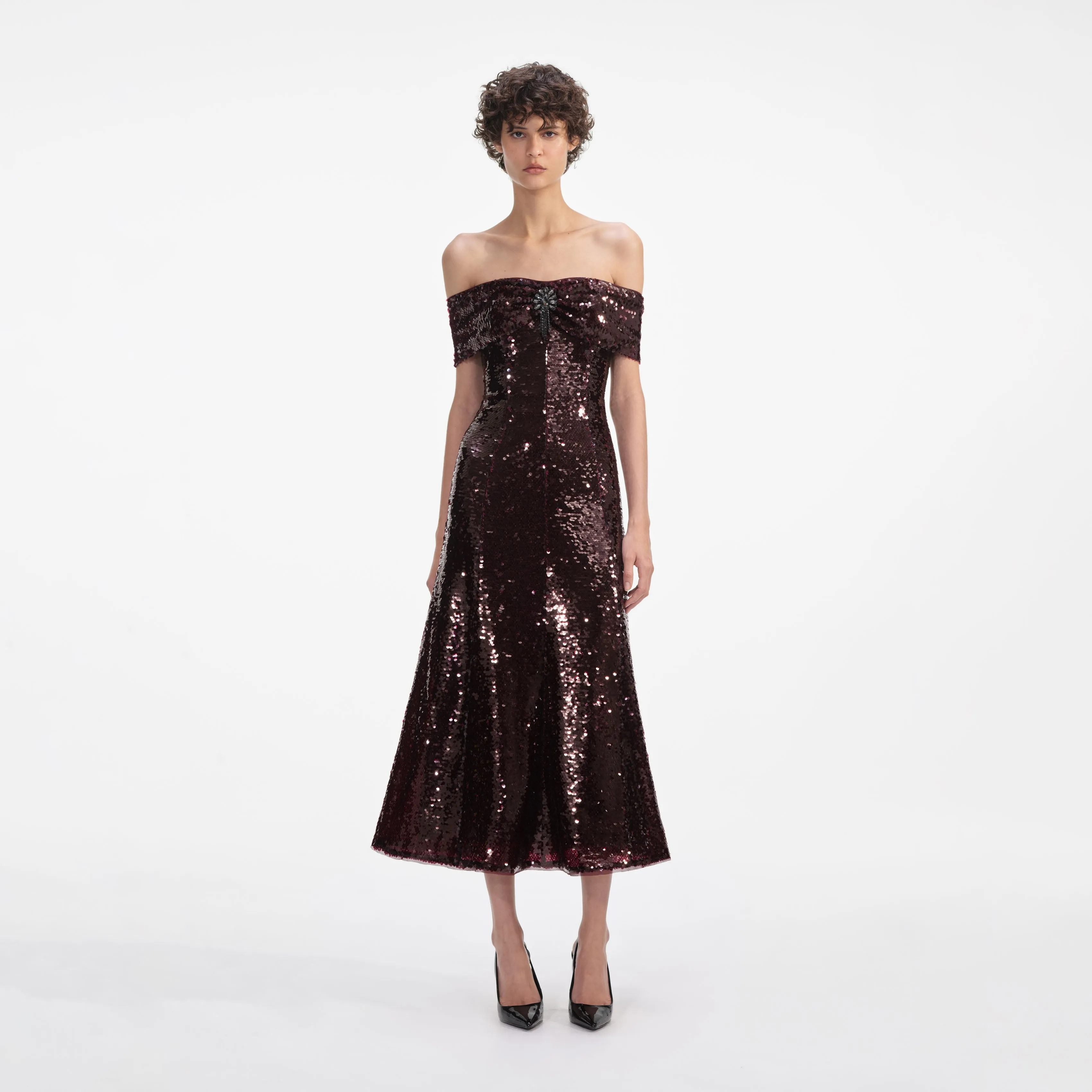 Brown Sequin Off Shoulder Midi Dress sold by Self-Portrait