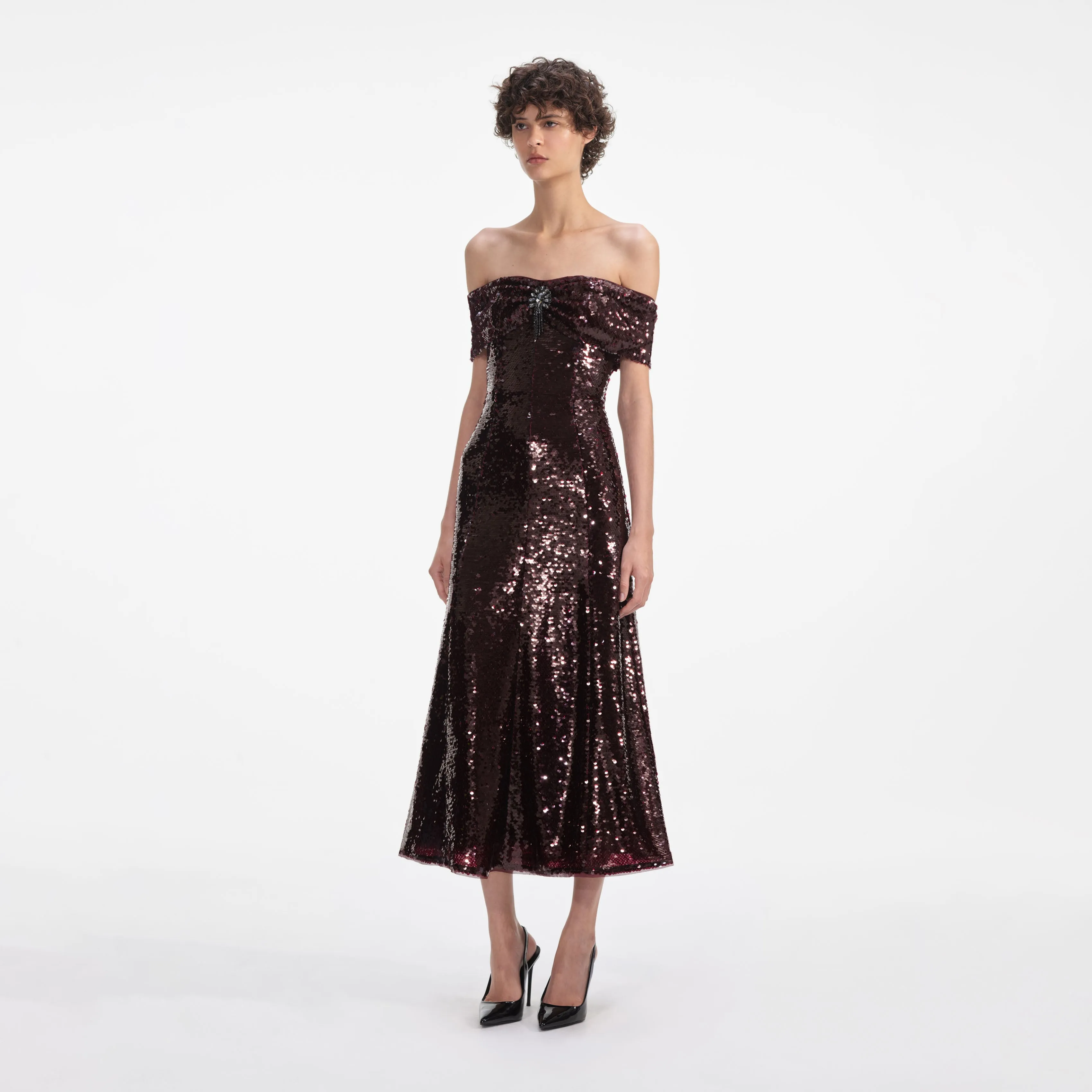 Brown Sequin Off Shoulder Midi Dress sold by Self-Portrait product image thumbnail 2