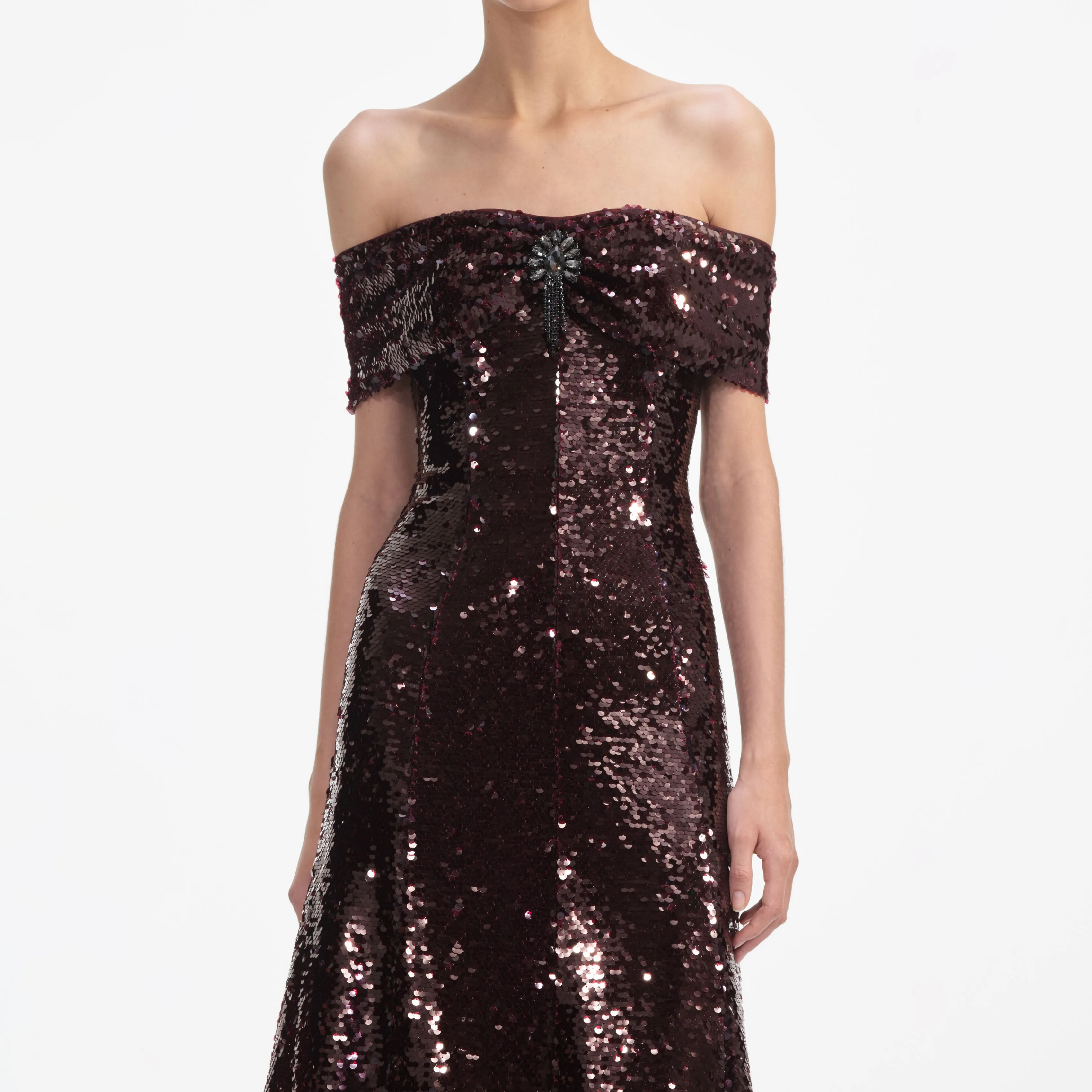 Brown Sequin Off Shoulder Midi Dress sold by Self-Portrait product image thumbnail 4