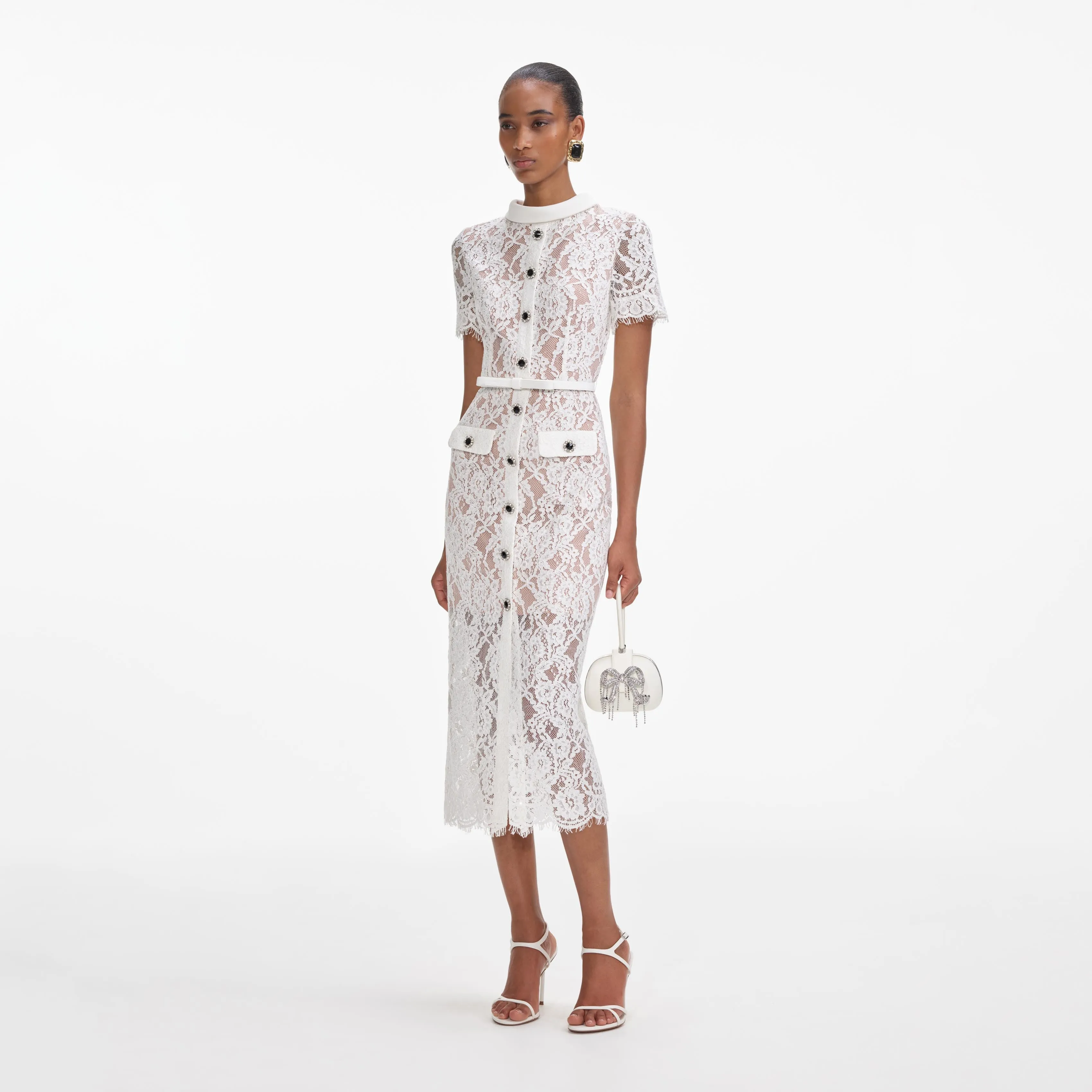 White Lace Button Midi Dress sold by Self-Portrait product image thumbnail 2