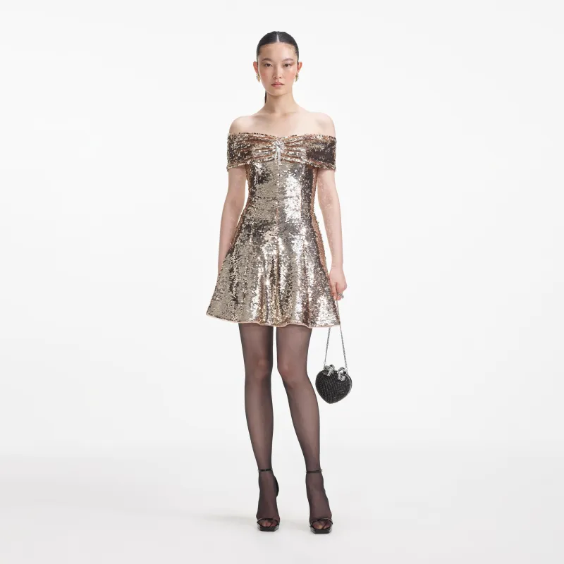 Gold Sequin Off Shoulder Mini Dress made by Self-Portrait