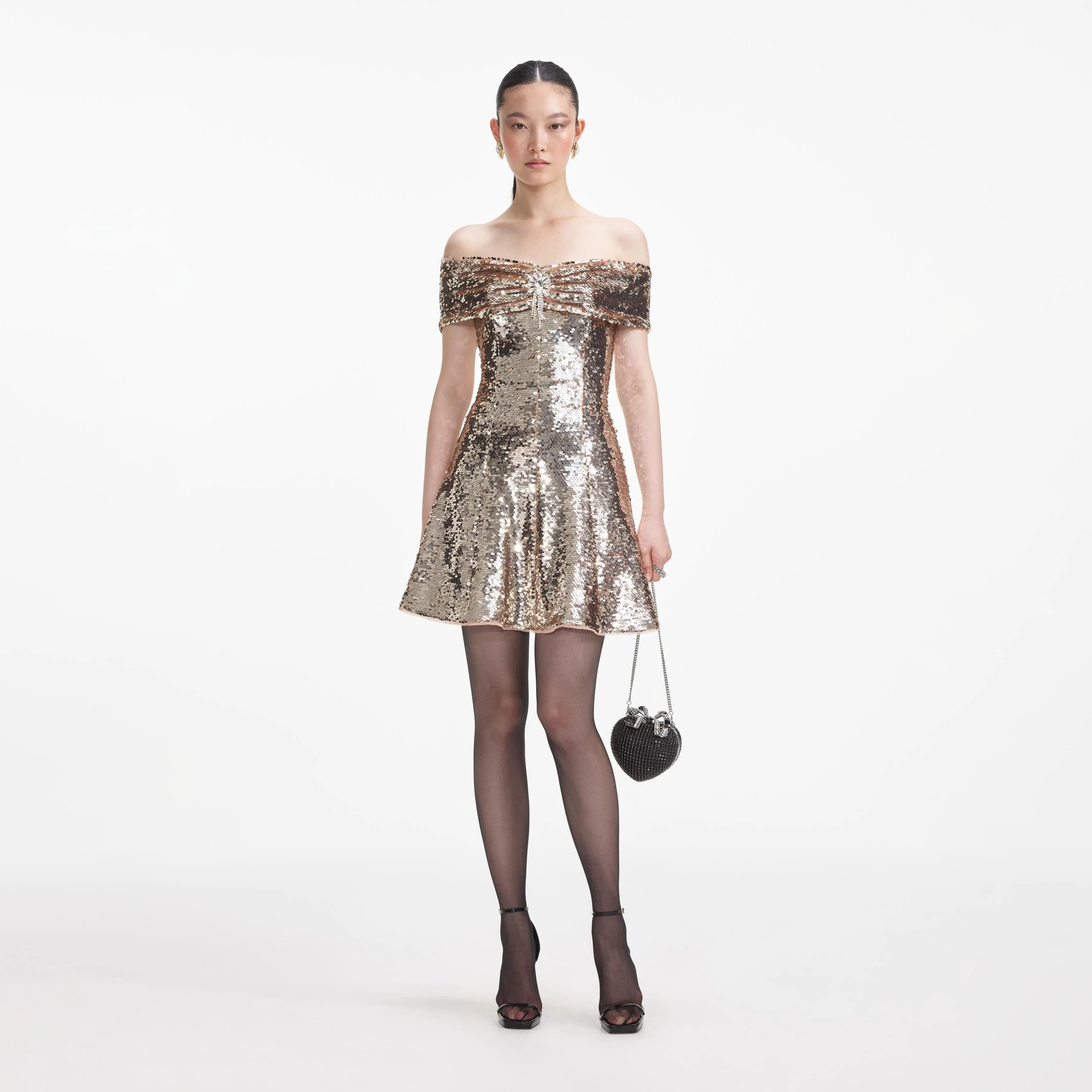 Gold Sequin Off Shoulder Mini Dress sold by Self-Portrait