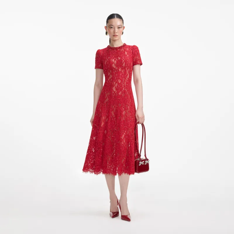 Red Sequin Lace Midi Dress made by Self-Portrait