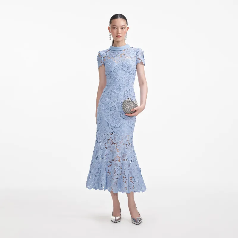 Blue Flower Lace Contrast Collar Midi Dress made by Self-Portrait