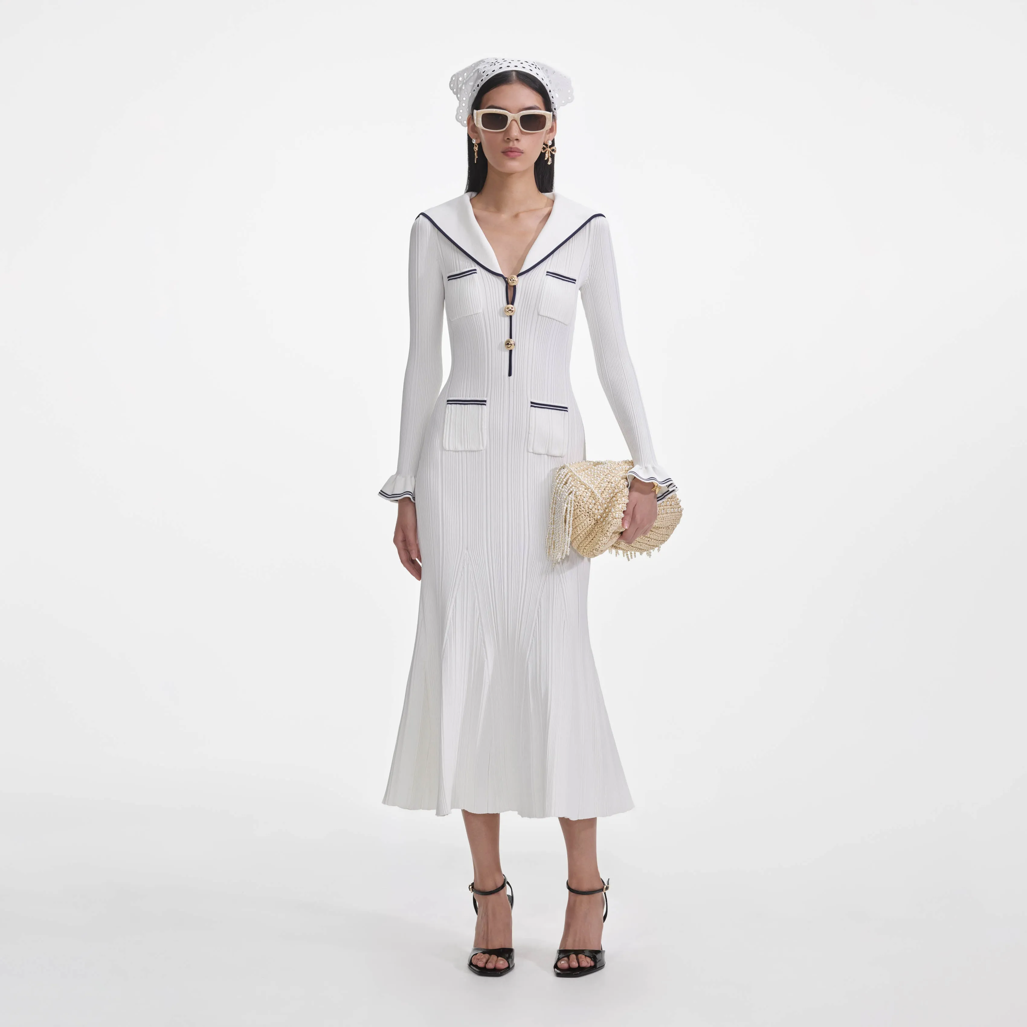 White Viscose Rib Knit Midi Dress sold by Self-Portrait