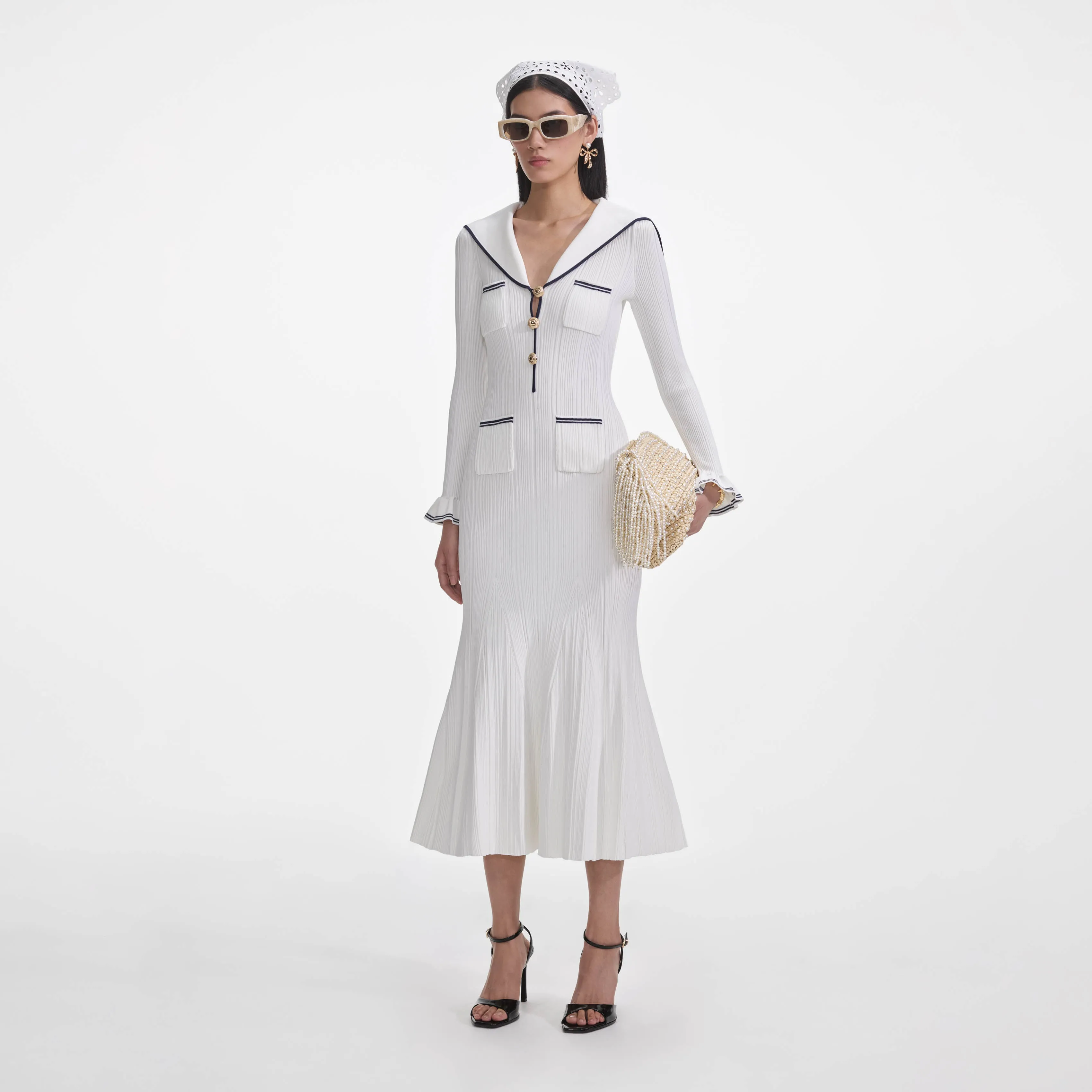 White Viscose Rib Knit Midi Dress sold by Self-Portrait product image thumbnail 2