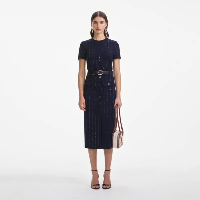 Navy Rhinestone Pinstripe Midi Skirt made by Self-Portrait