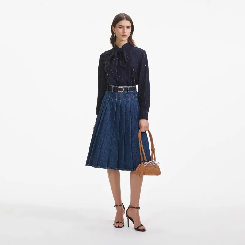 Pleated Denim Midi Skirt made by Self-Portrait