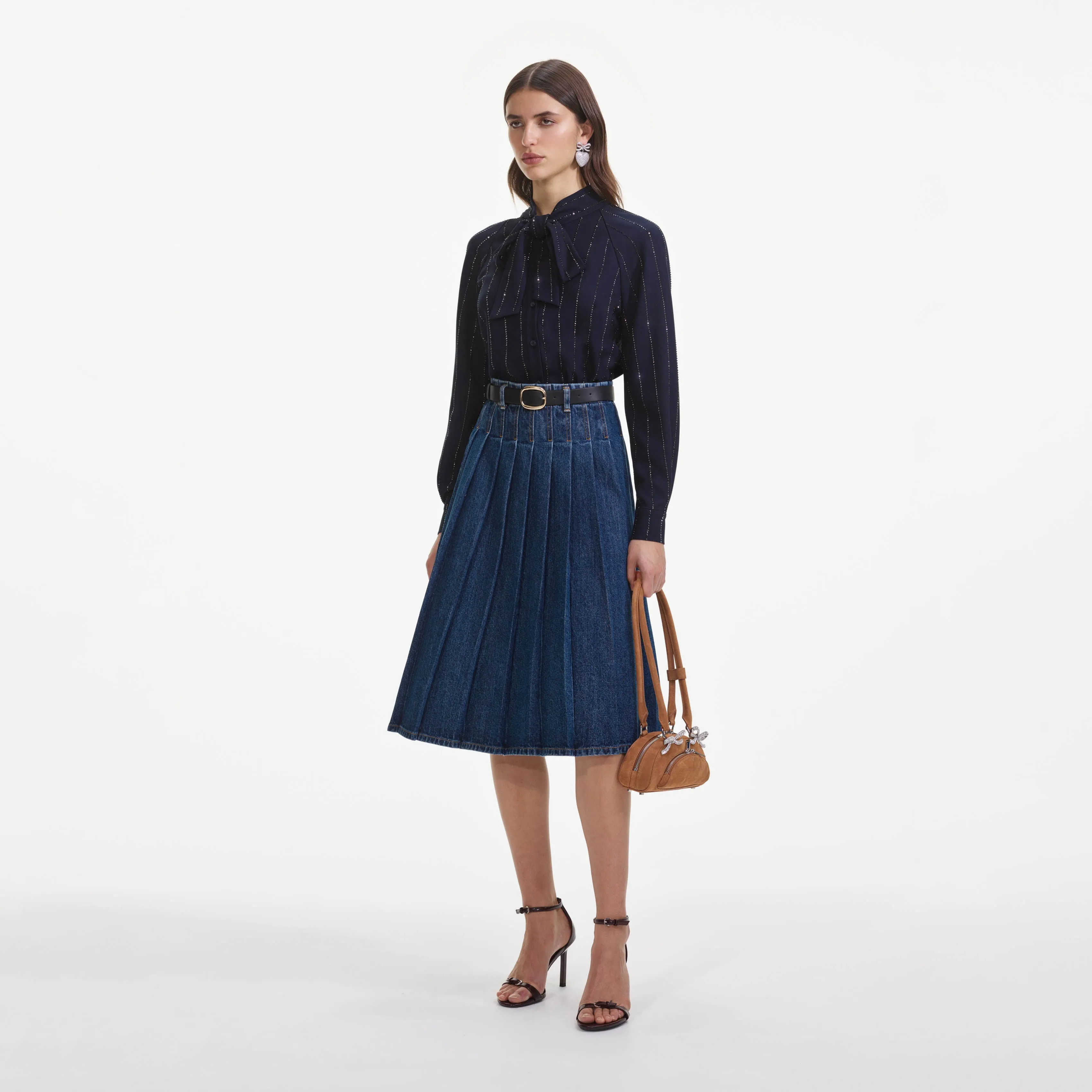 Pleated Denim Midi Skirt sold by Self-Portrait product image thumbnail 2