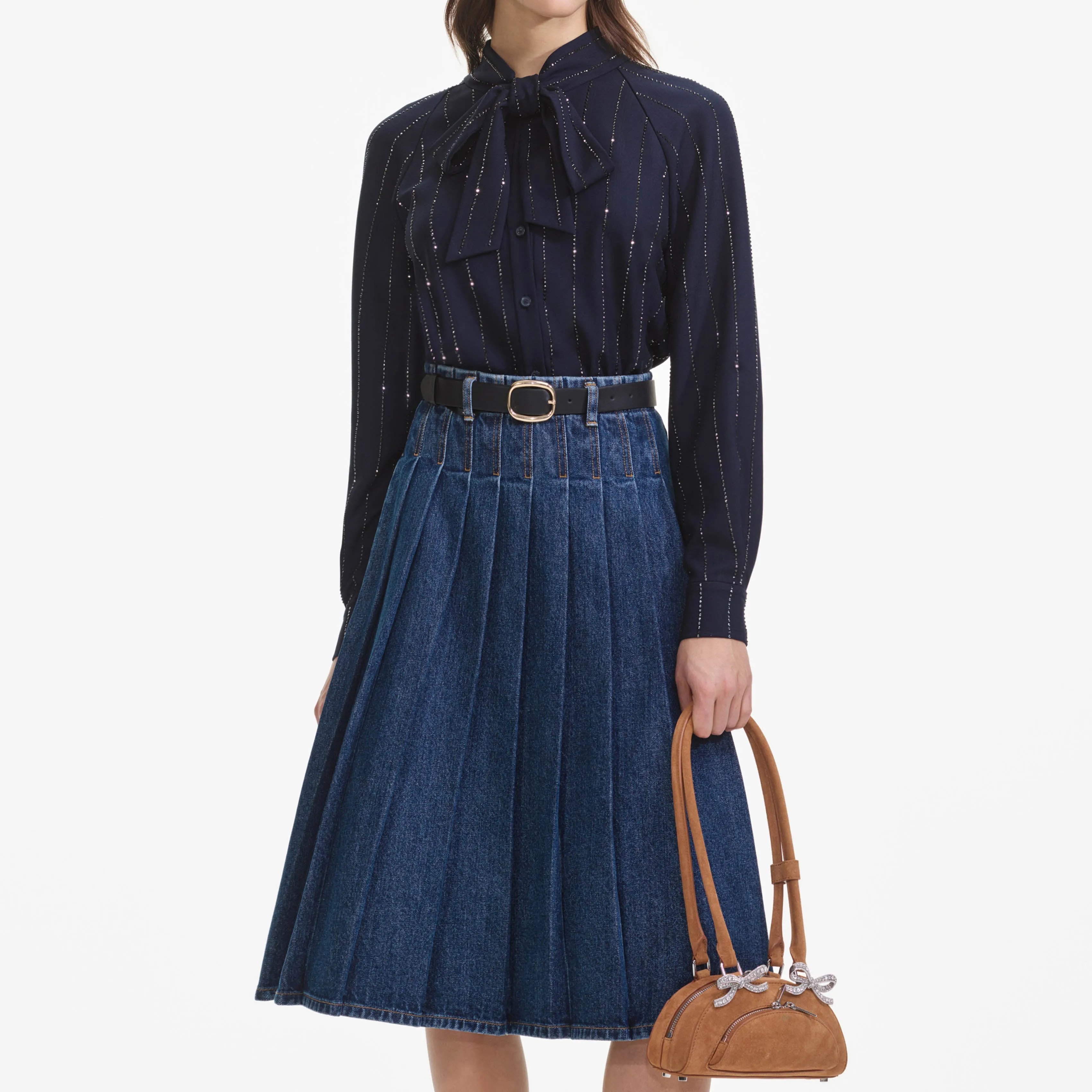 Pleated Denim Midi Skirt sold by Self-Portrait product image thumbnail 4
