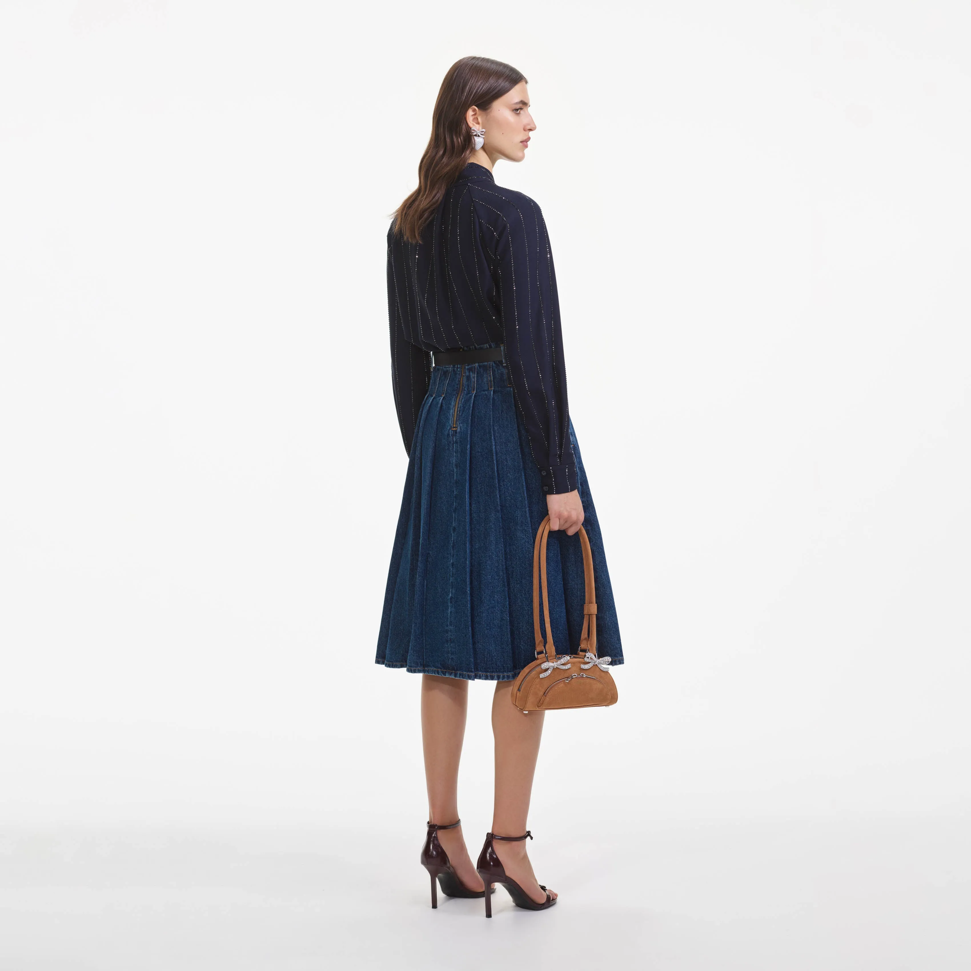 Pleated Denim Midi Skirt sold by Self-Portrait product image thumbnail 3