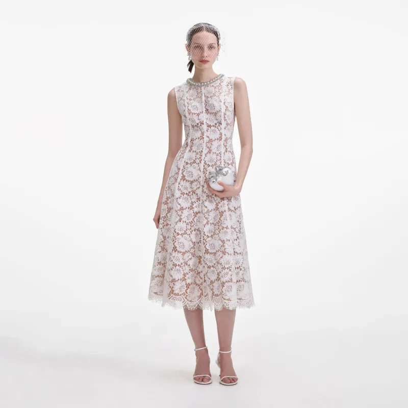White Fine Lace Pearl Midi Dress made by Self-Portrait
