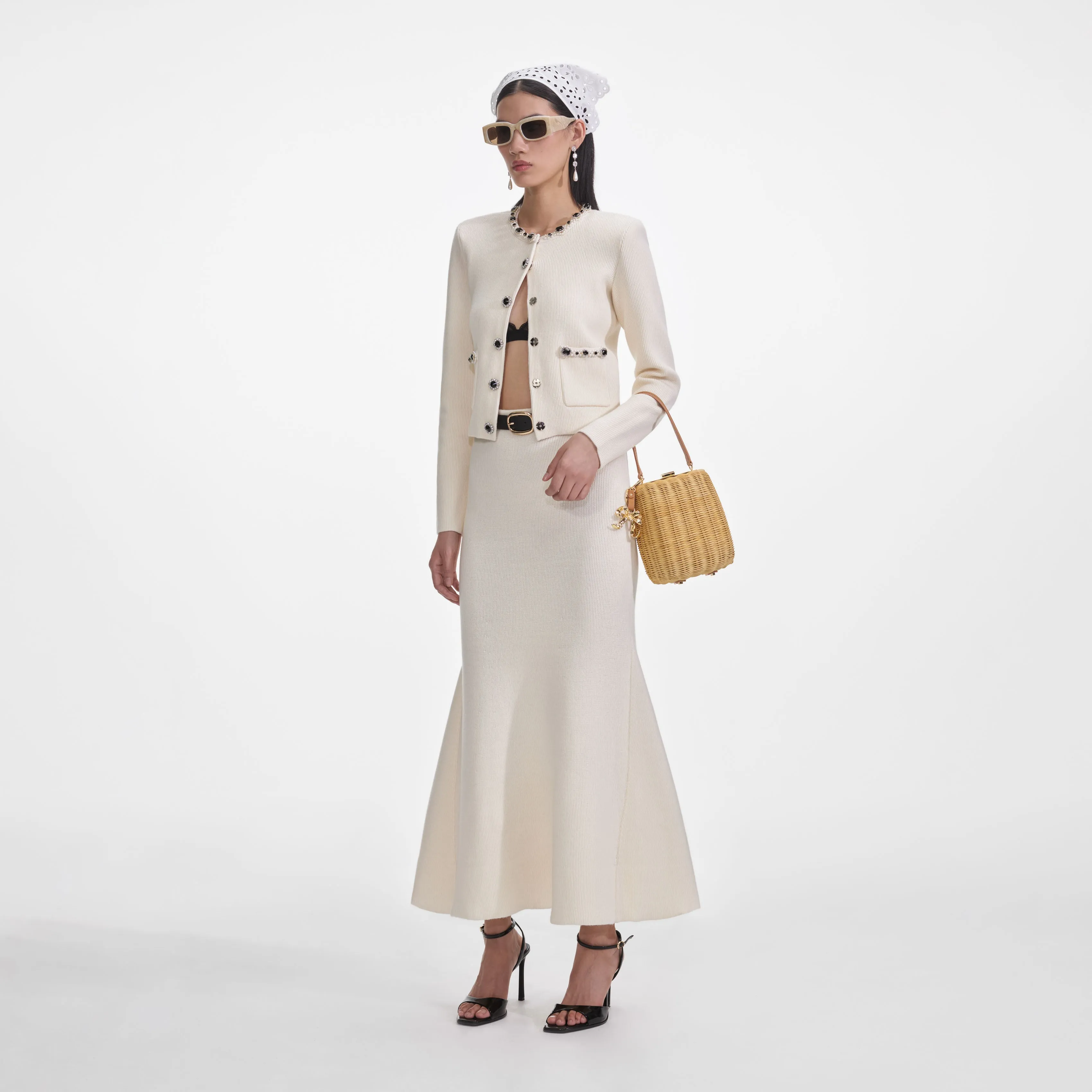 Cream Flared Knit Midi Skirt sold by Self-Portrait product image thumbnail 2
