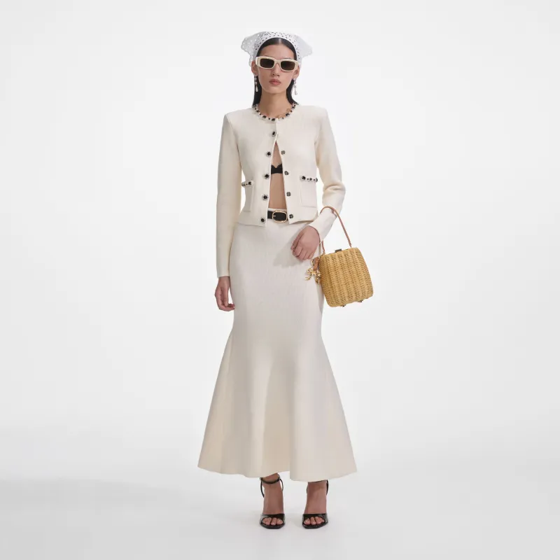 Cream Flared Knit Midi Skirt made by Self-Portrait