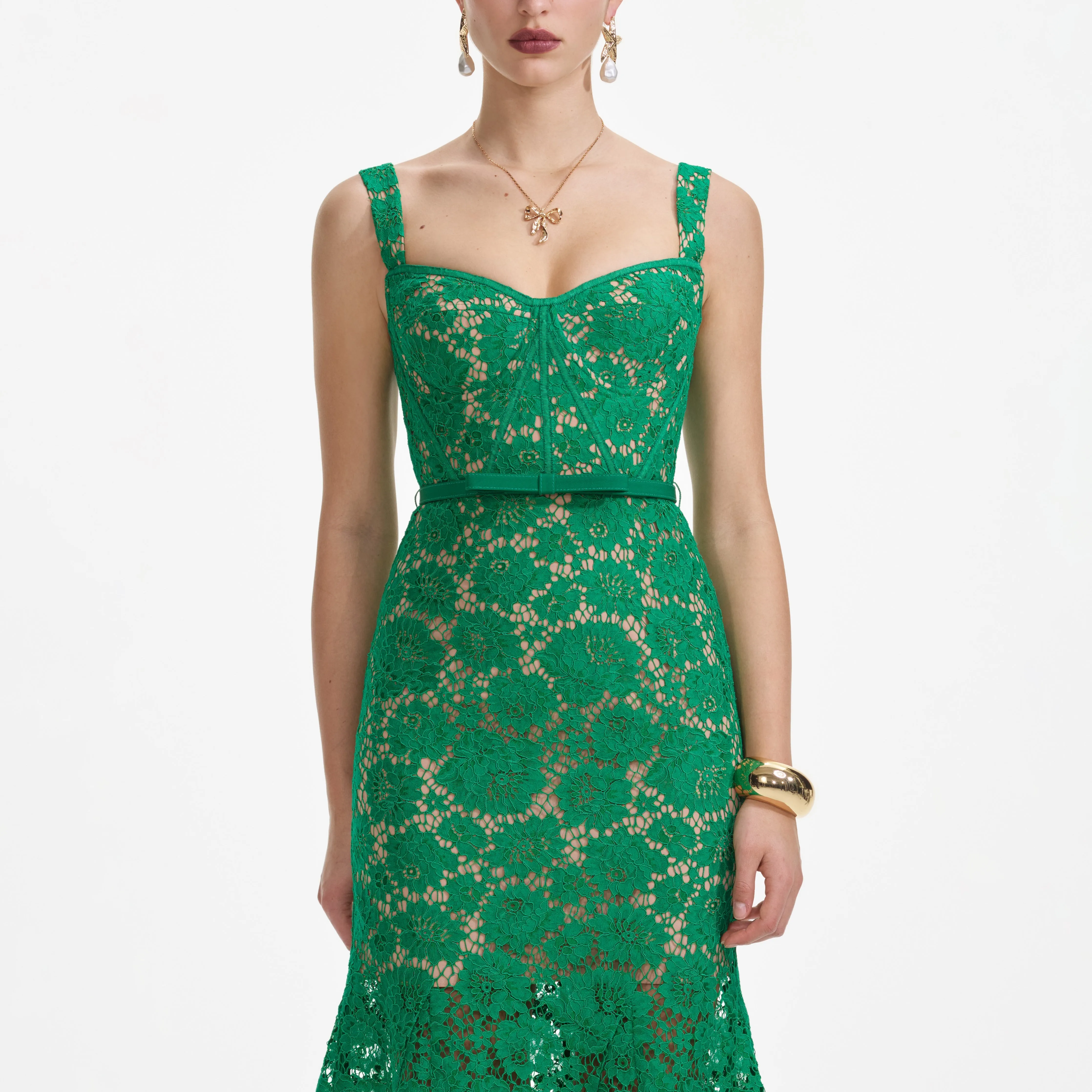 Green Fine Lace Midi Dress sold by Self-Portrait product image thumbnail 4