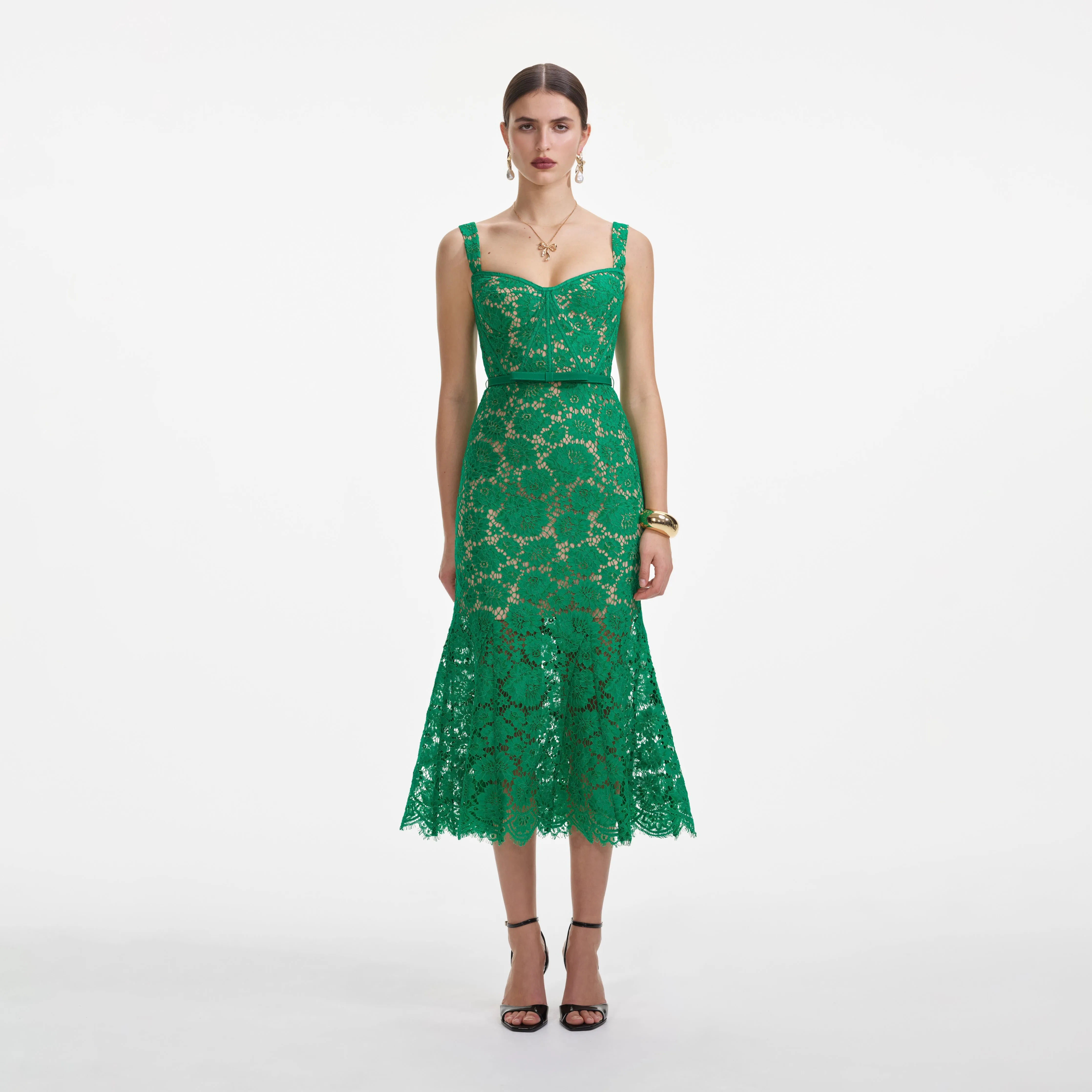 Green Fine Lace Midi Dress sold by Self-Portrait