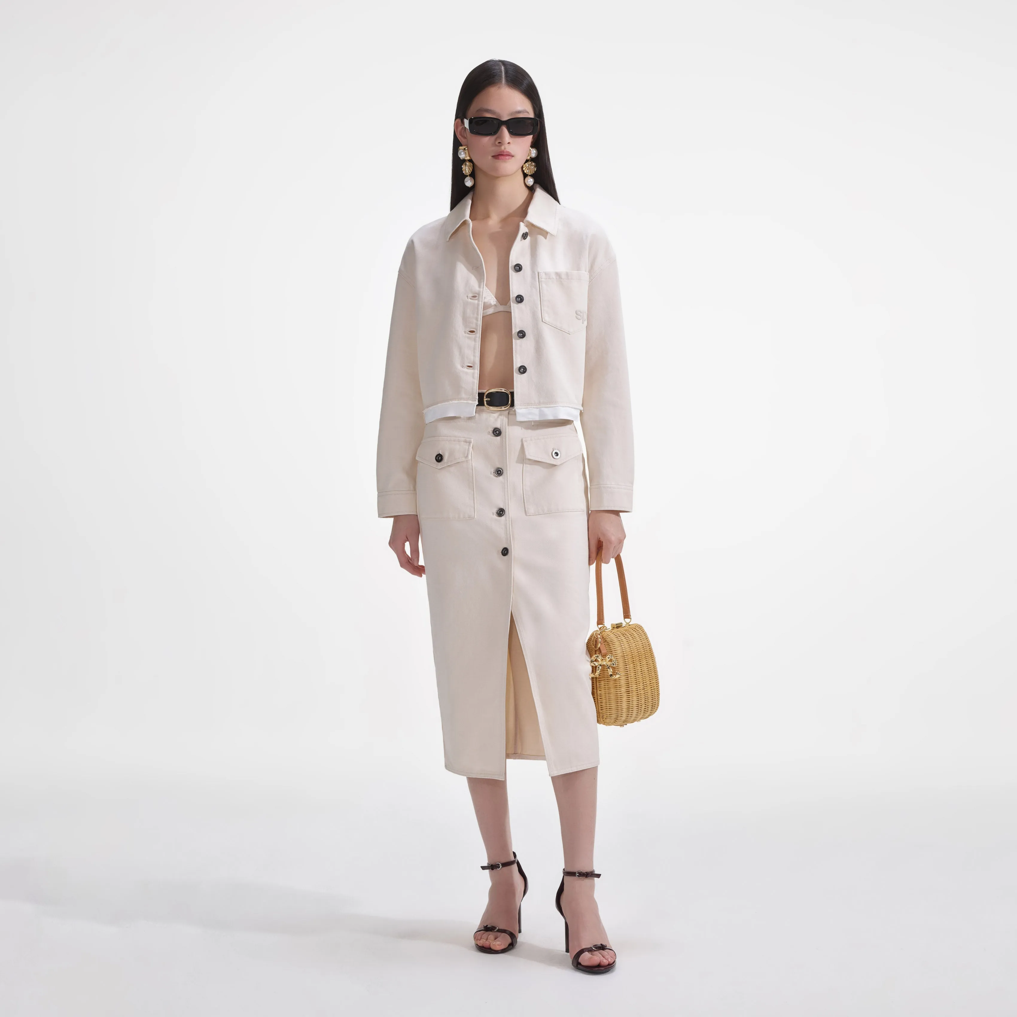 Cream Denim Midi Skirt sold by Self-Portrait