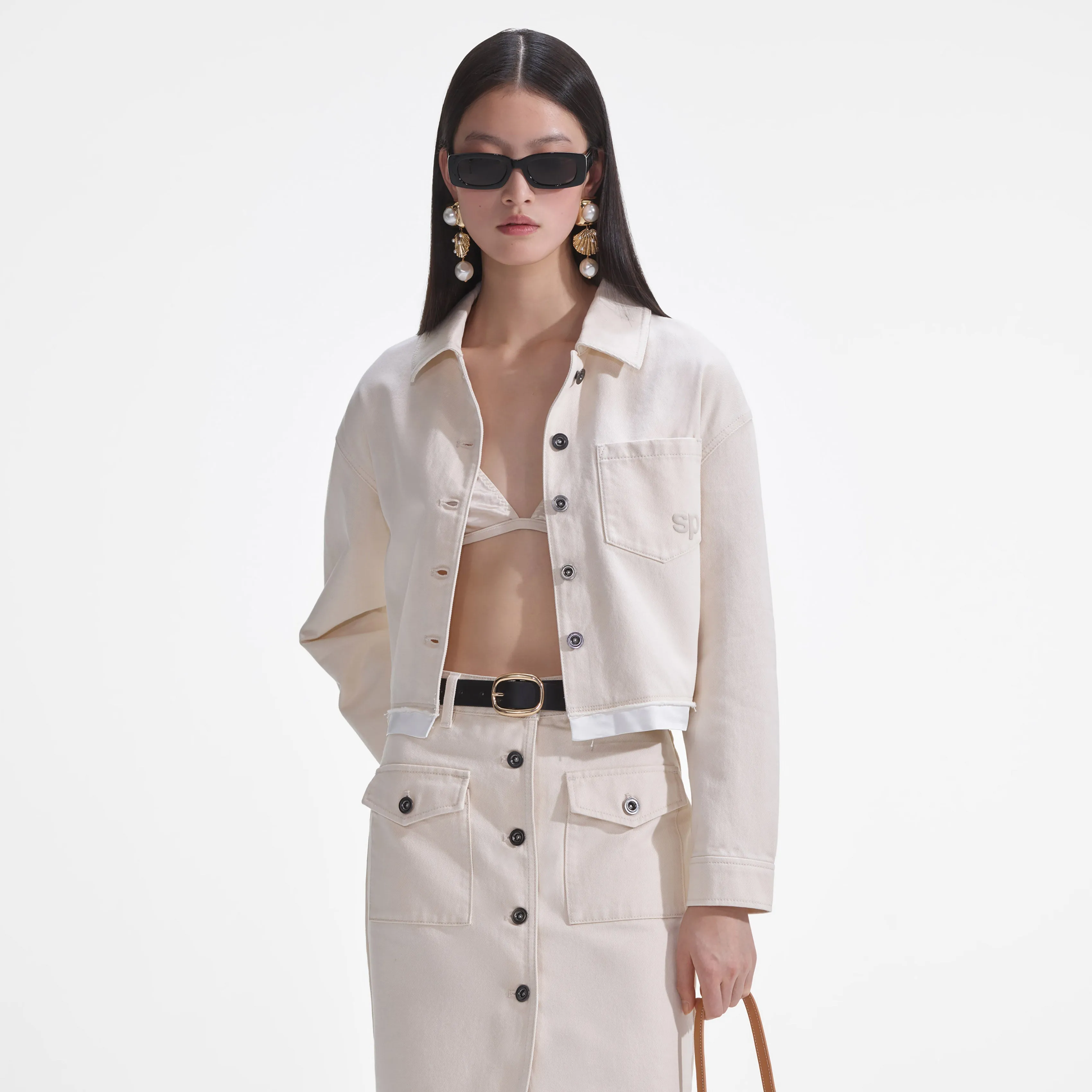 Cream Denim Midi Skirt sold by Self-Portrait product image thumbnail 4