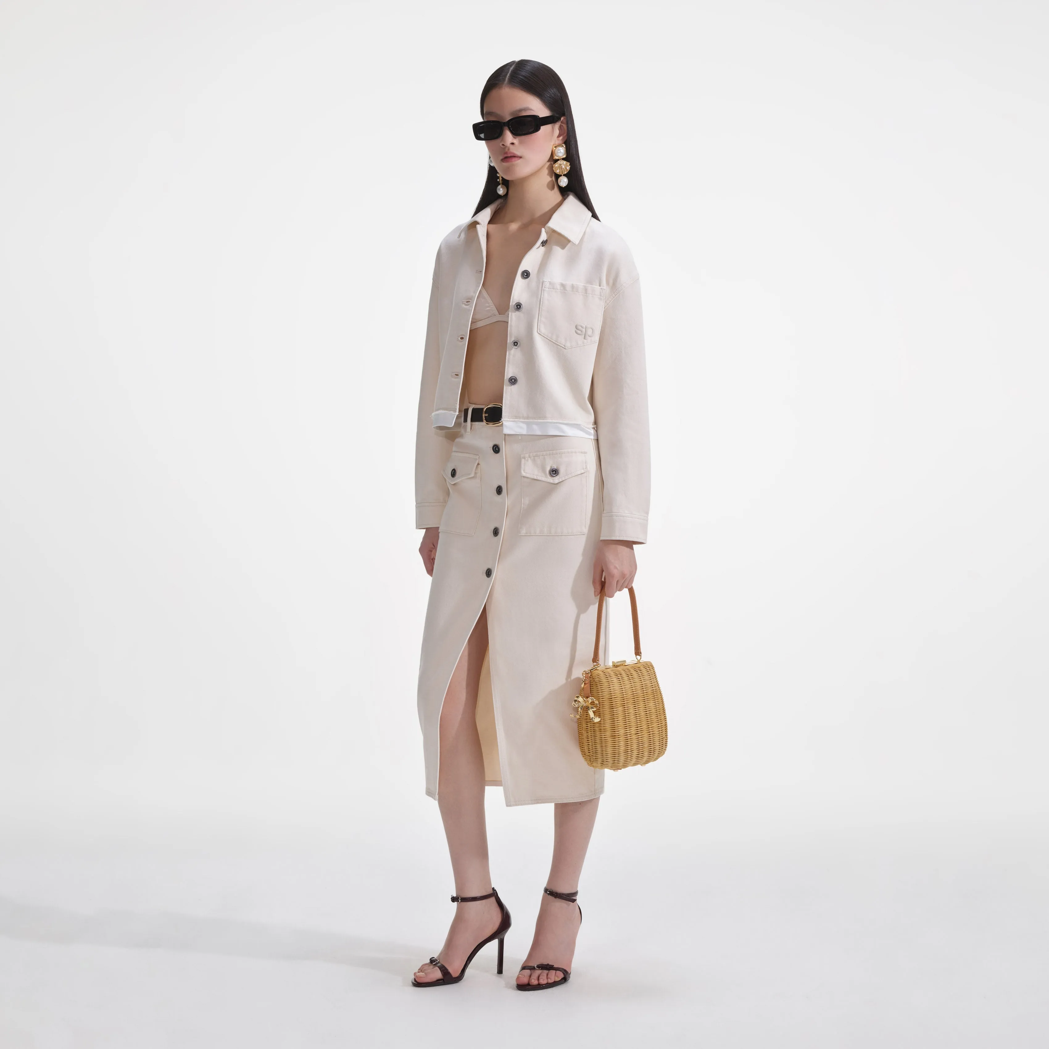 Cream Denim Midi Skirt sold by Self-Portrait product image thumbnail 2
