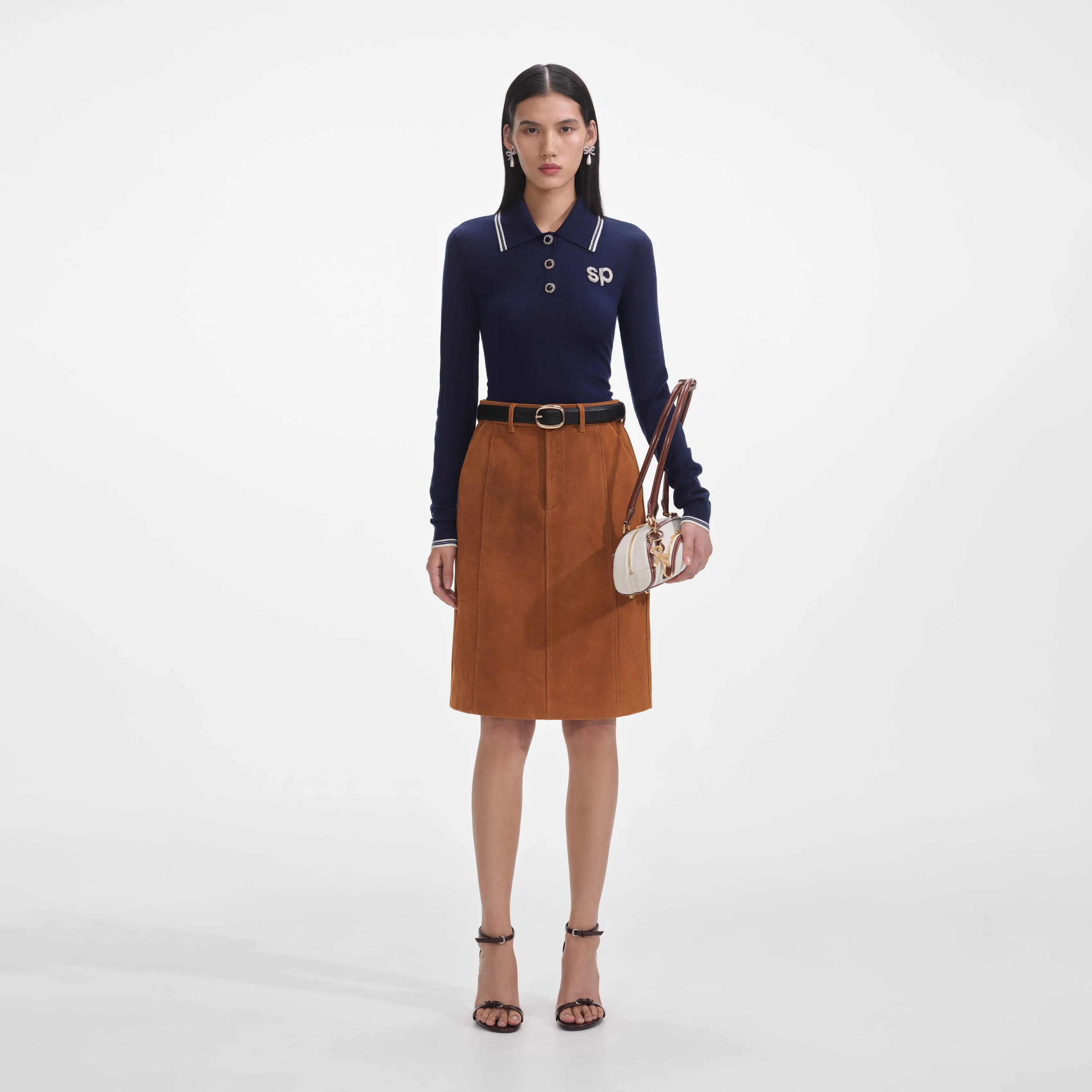 Navy Knit Long Sleeve SP Polo Top sold by Self-Portrait