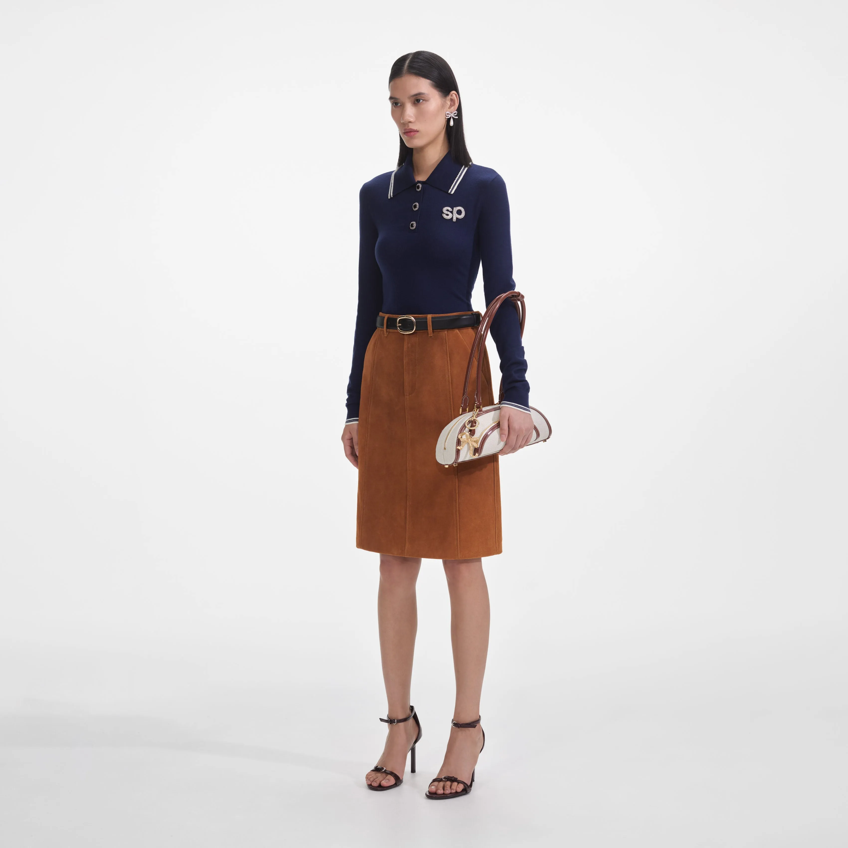 Navy Knit Long Sleeve SP Polo Top sold by Self-Portrait product image thumbnail 2