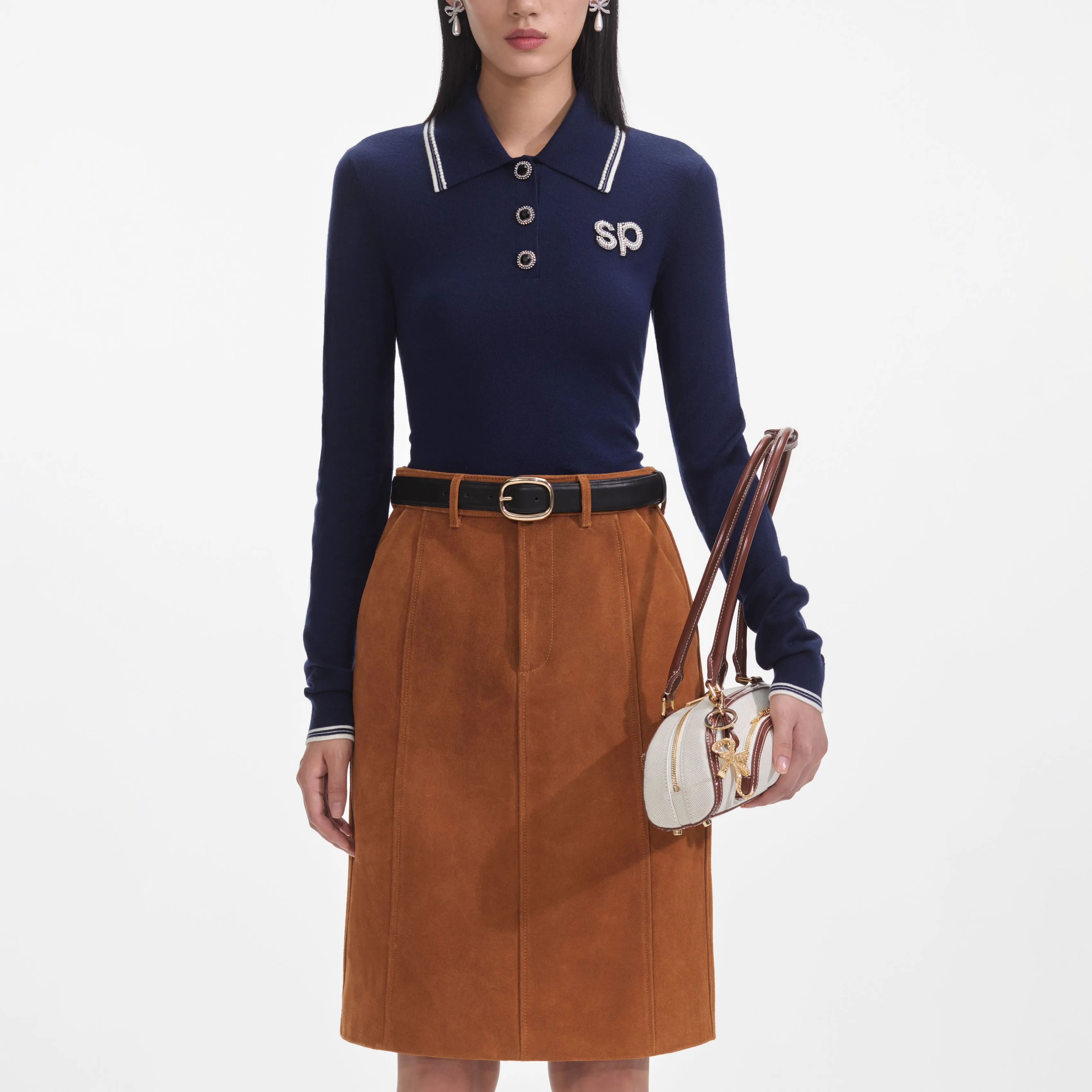 Navy Knit Long Sleeve SP Polo Top sold by Self-Portrait product image thumbnail 4