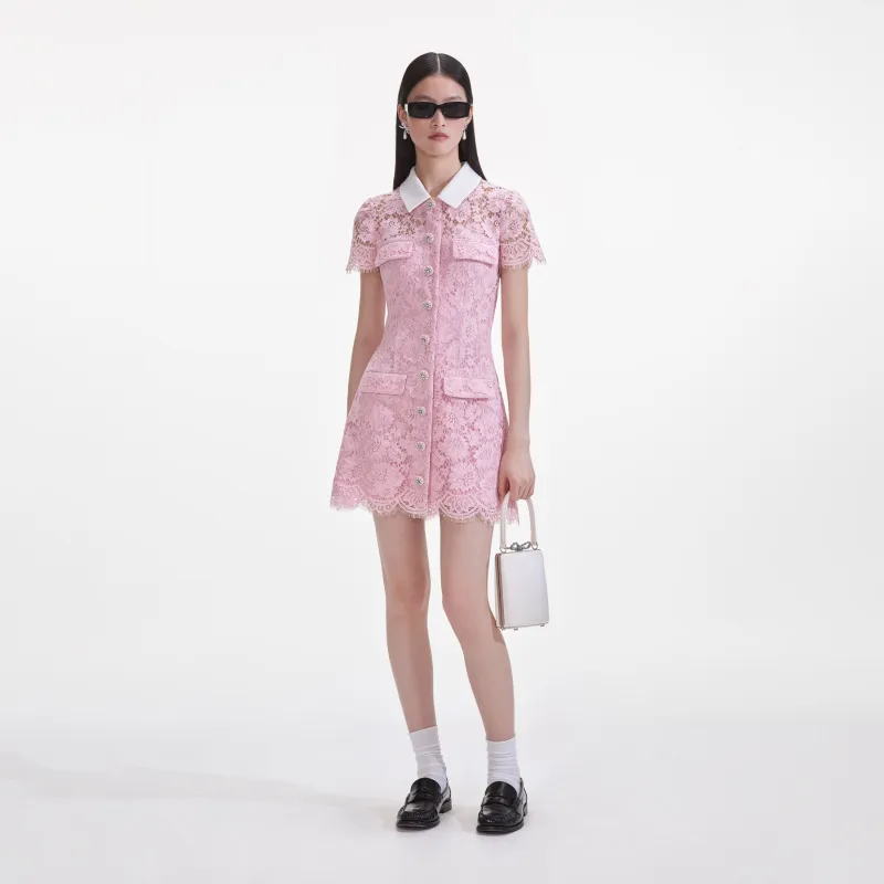 Pink Lace Contrast Collared Mini Dress made by Self-Portrait