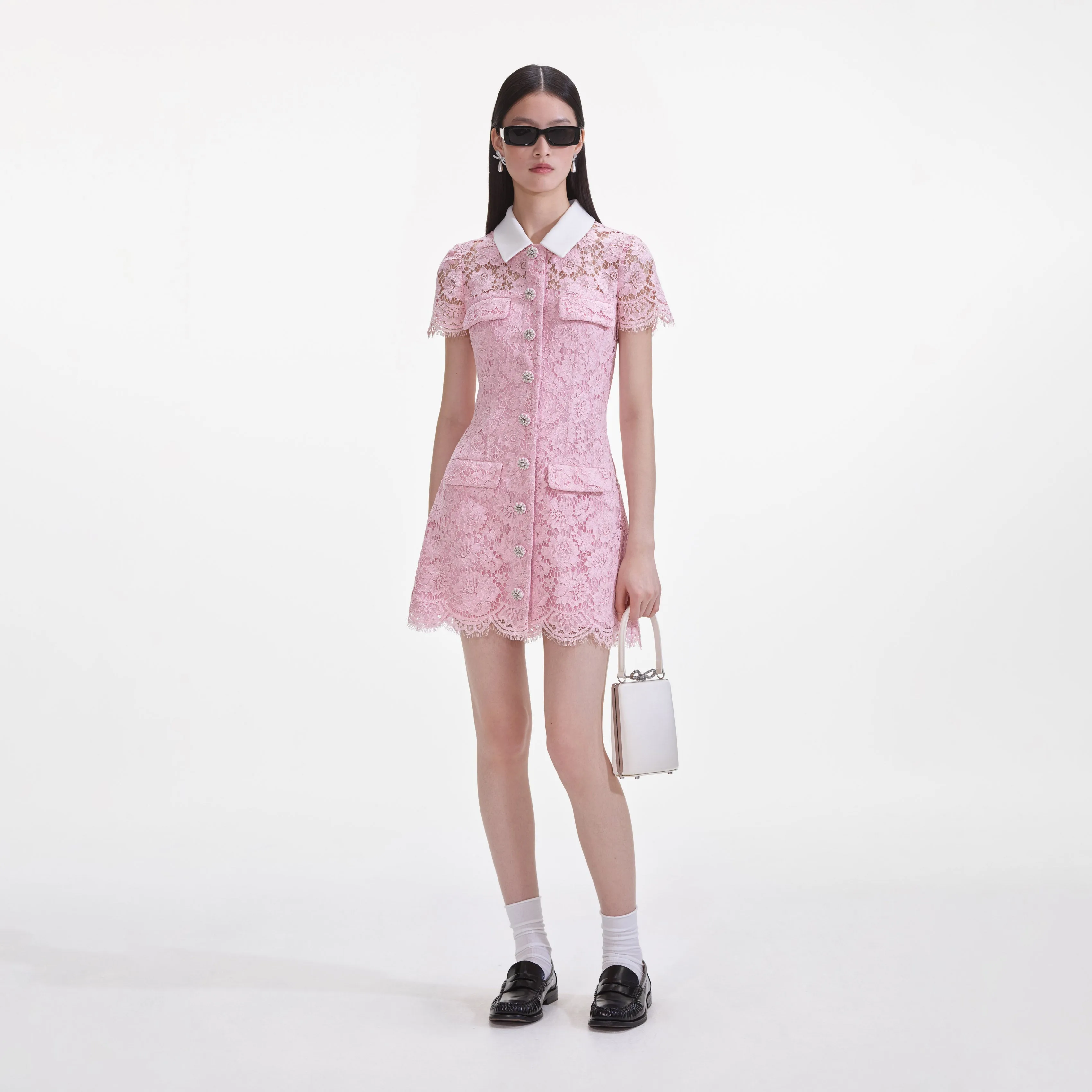 Pink Lace Contrast Collared Mini Dress sold by Self-Portrait