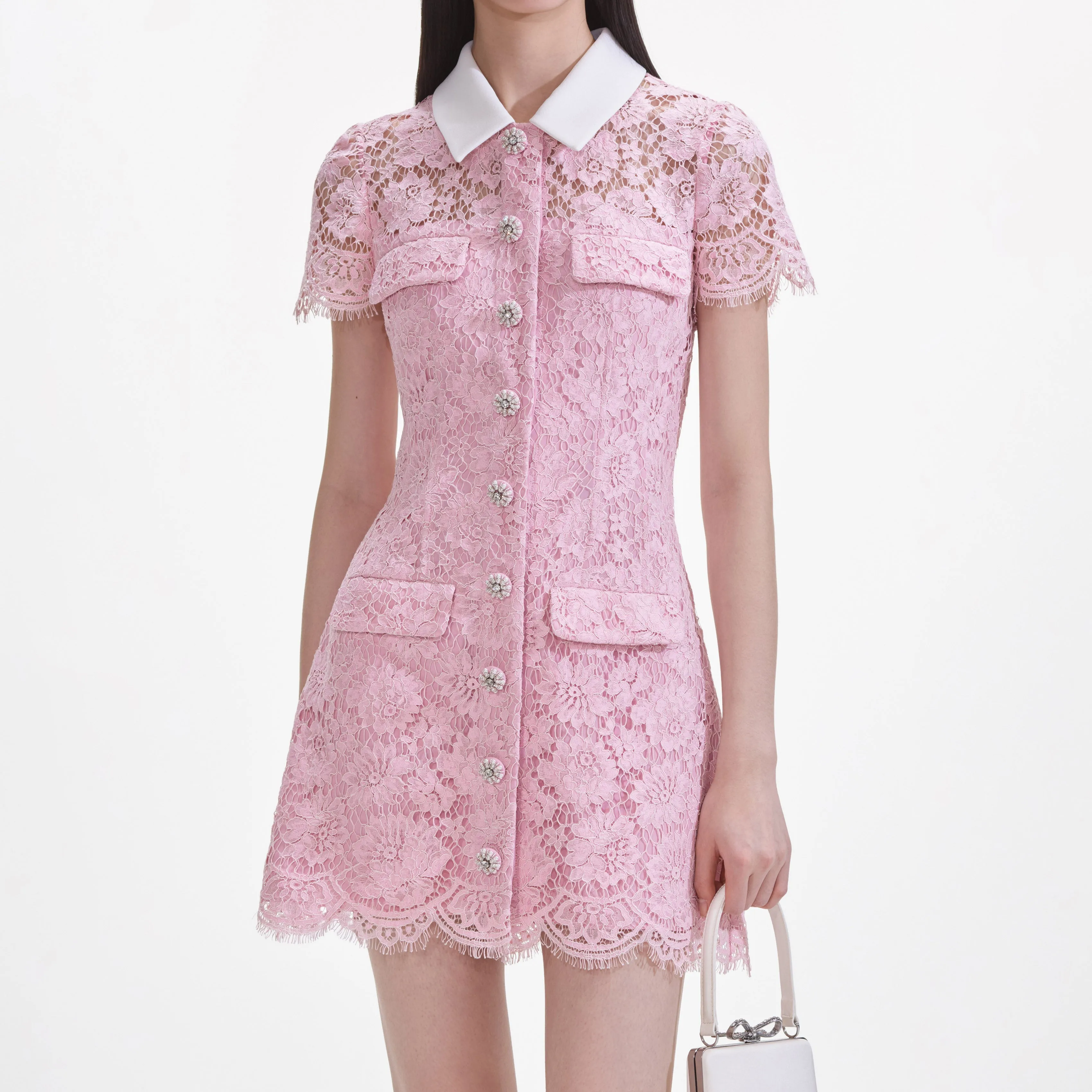 Pink Lace Contrast Collared Mini Dress sold by Self-Portrait product image thumbnail 4