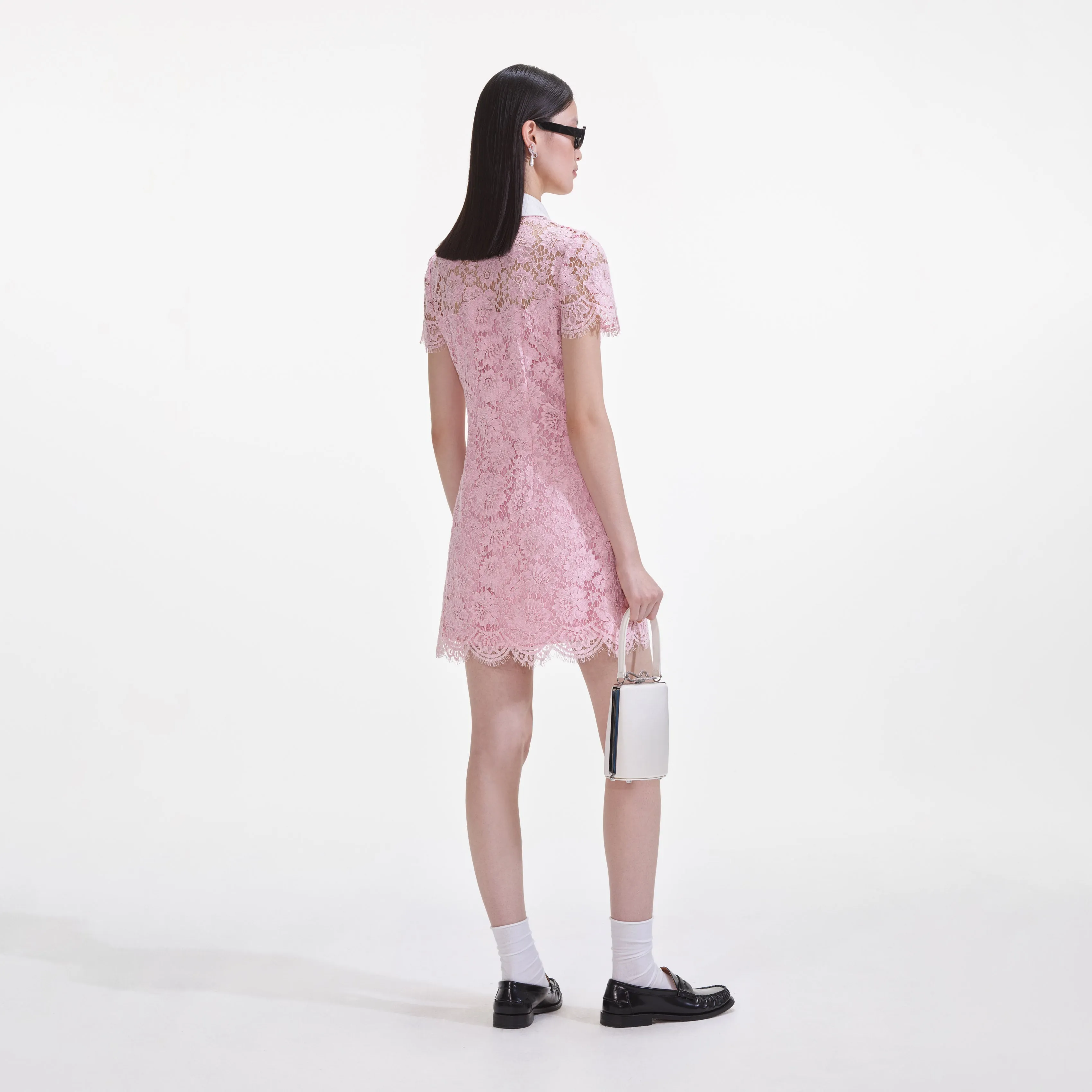 Pink Lace Contrast Collared Mini Dress sold by Self-Portrait product image thumbnail 3