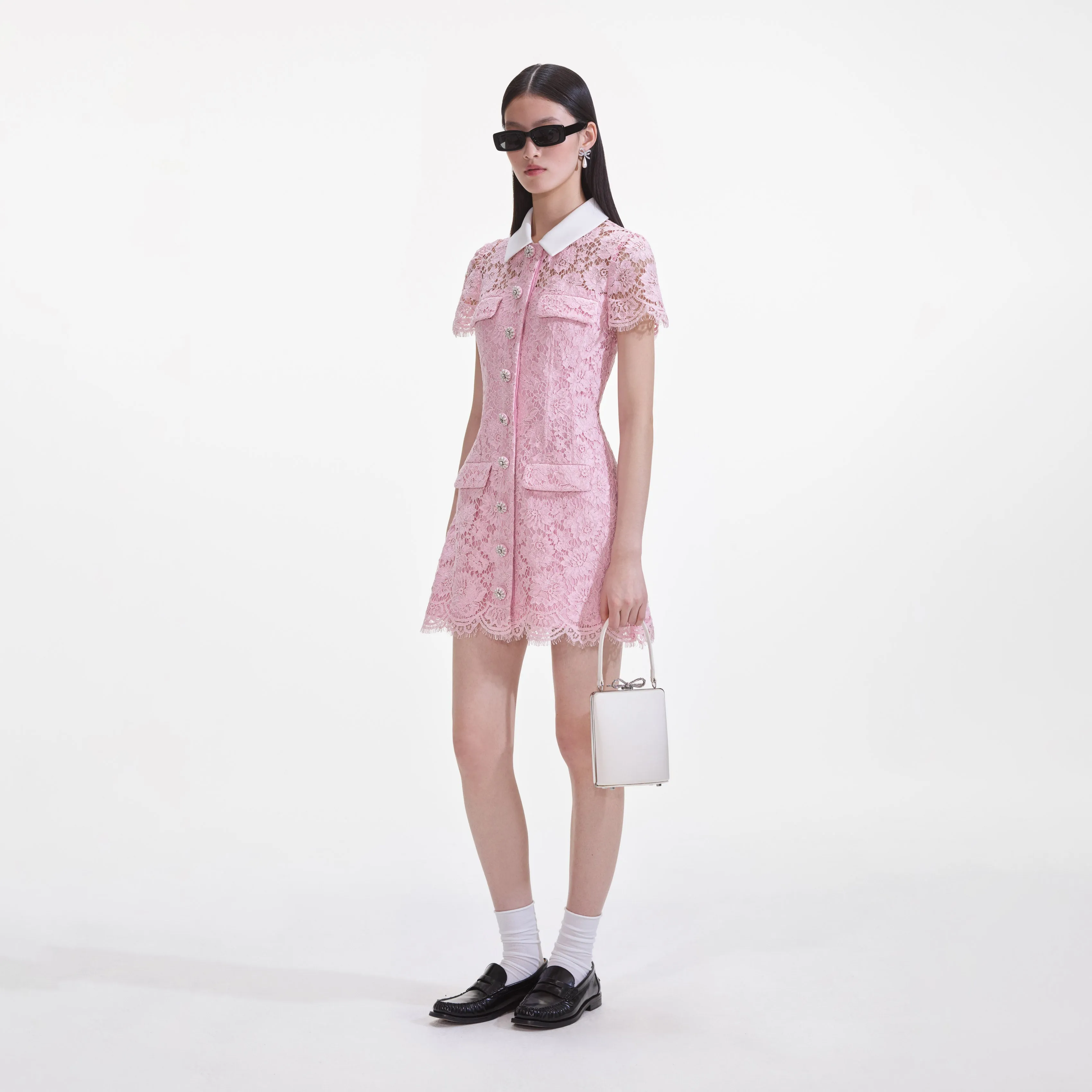 Pink Lace Contrast Collared Mini Dress sold by Self-Portrait product image thumbnail 2