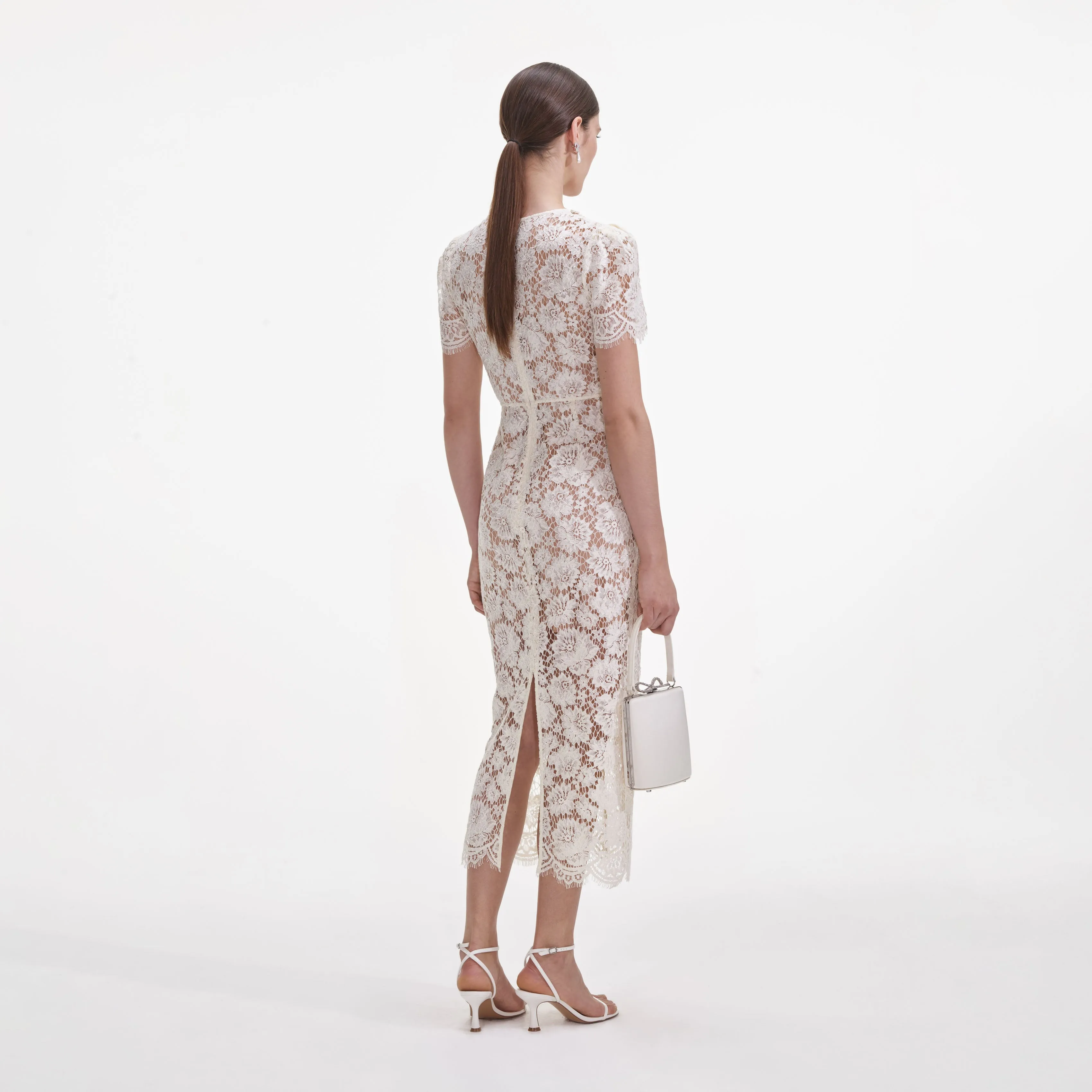 Cream Fine Lace Pearl Midi Dress sold by Self-Portrait product image thumbnail 3